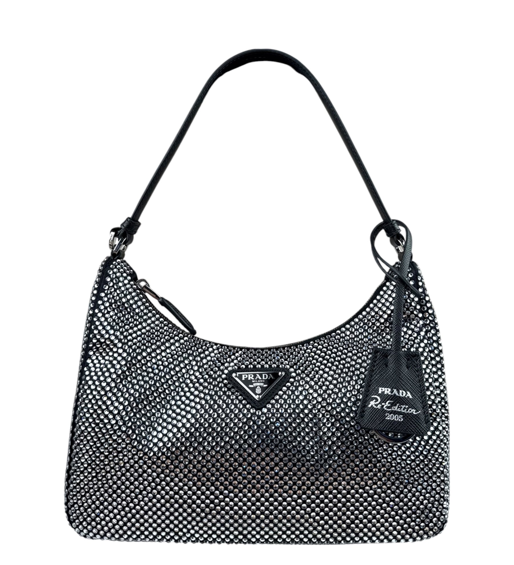 Prada Black Satin/Saffiano Leather Trim  Re-Edition Crystal-Studded Mini Pochette 2005