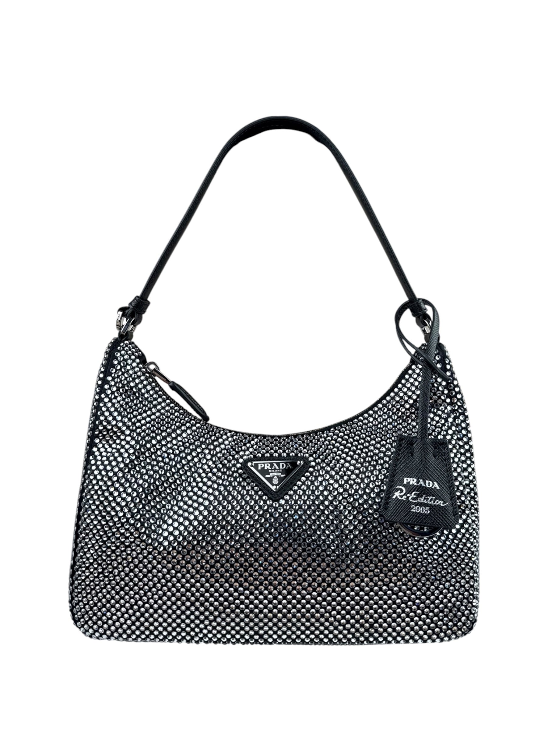 Prada Black Satin/Saffiano Leather Trim  Re-Edition Crystal-Studded Mini Pochette 2005