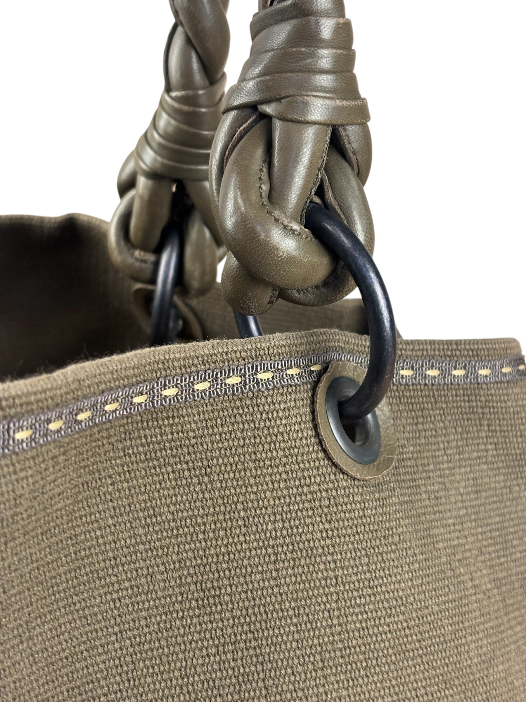 Bottega Venta Vintage Olive/Brown Canvas Large Shopper Shoulder Bag