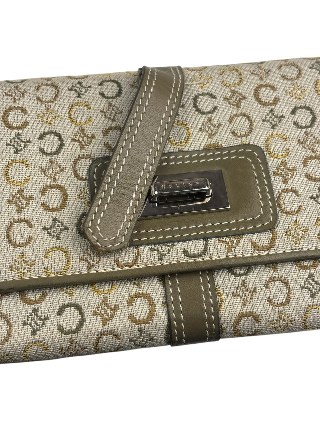 Celine Green/Beige Leather Trim Macadam Flap Wallet