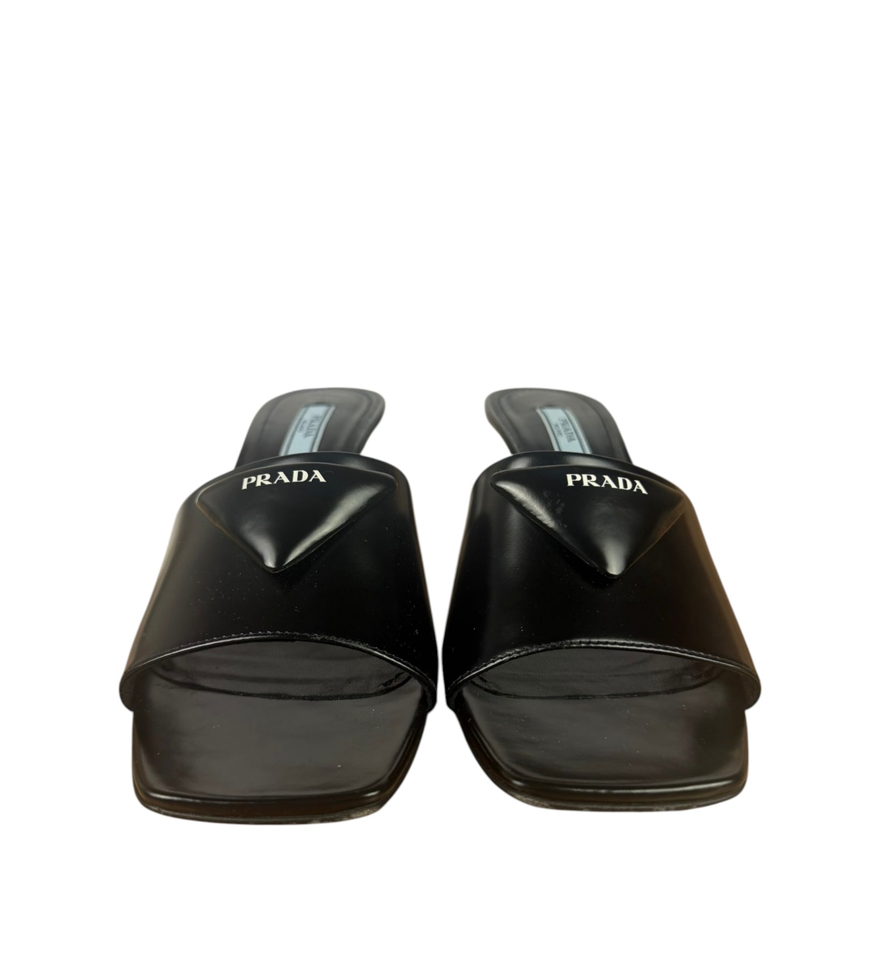 Prada Black Patent Leather Spazzolato Triangle Logo Square Toe Sandals