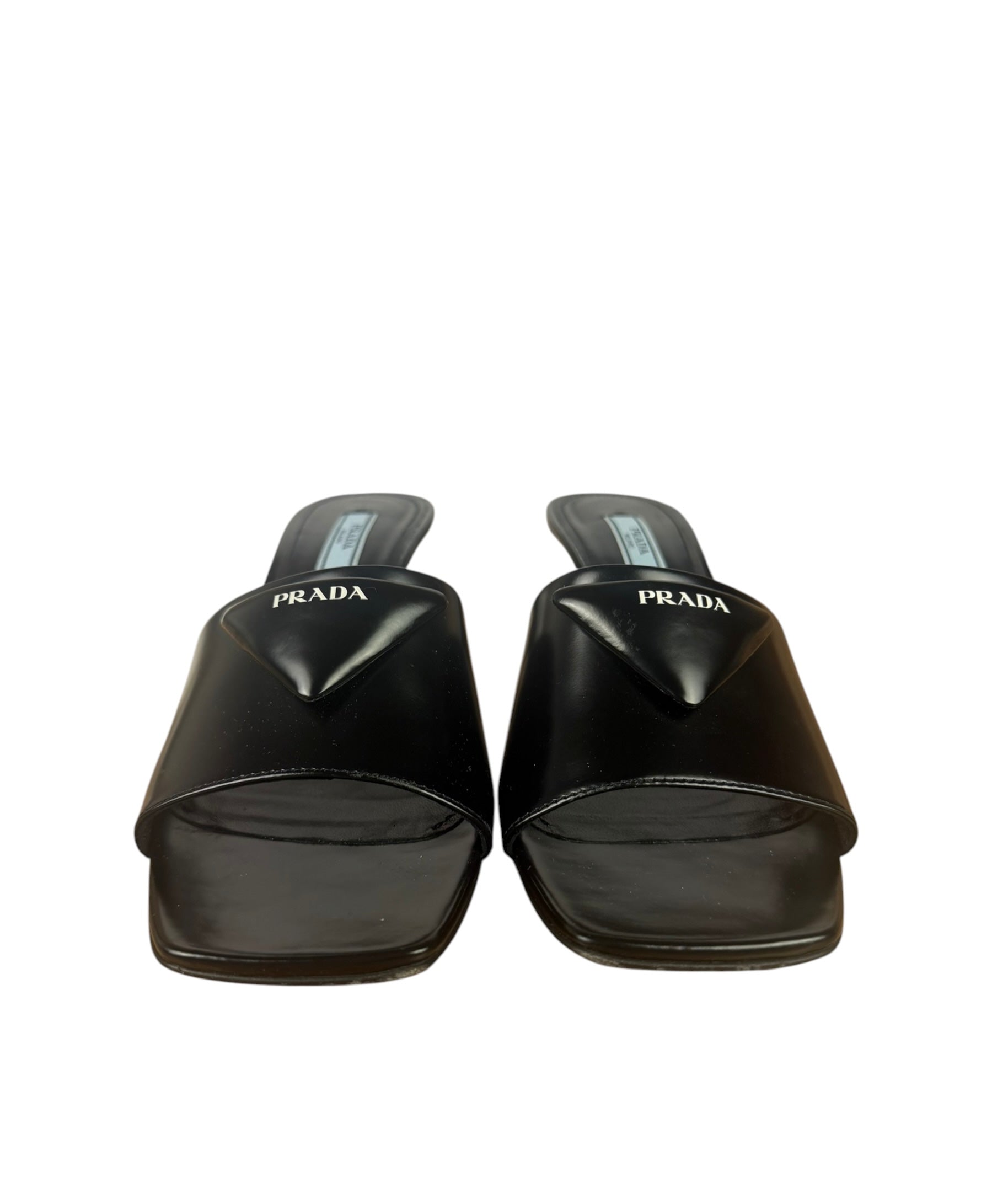 Prada Black Patent Leather Spazzolato Triangle Logo Square Toe Sandals