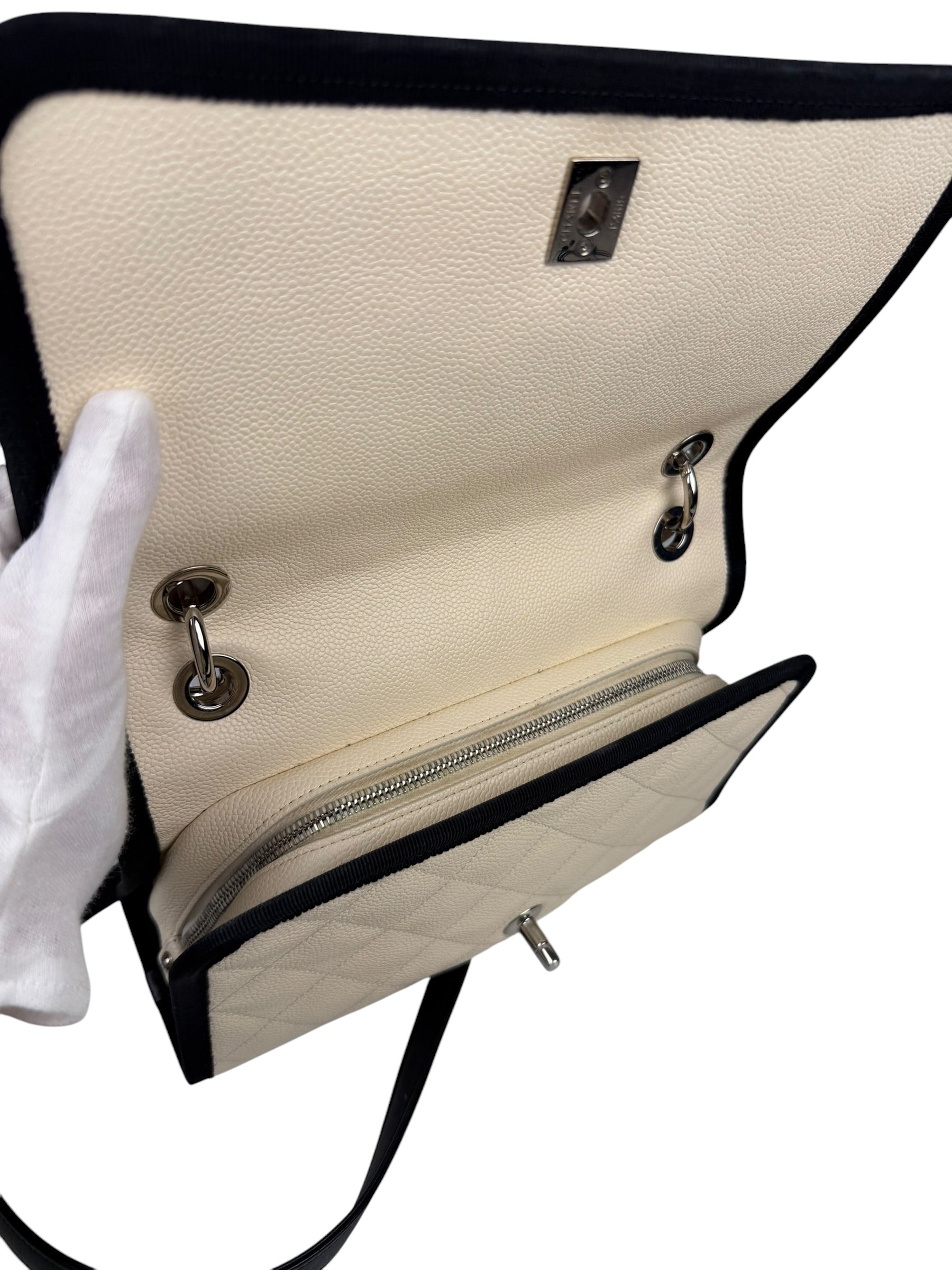 Chanel White Caviar Quilted Top Handle Flap Bag 2018