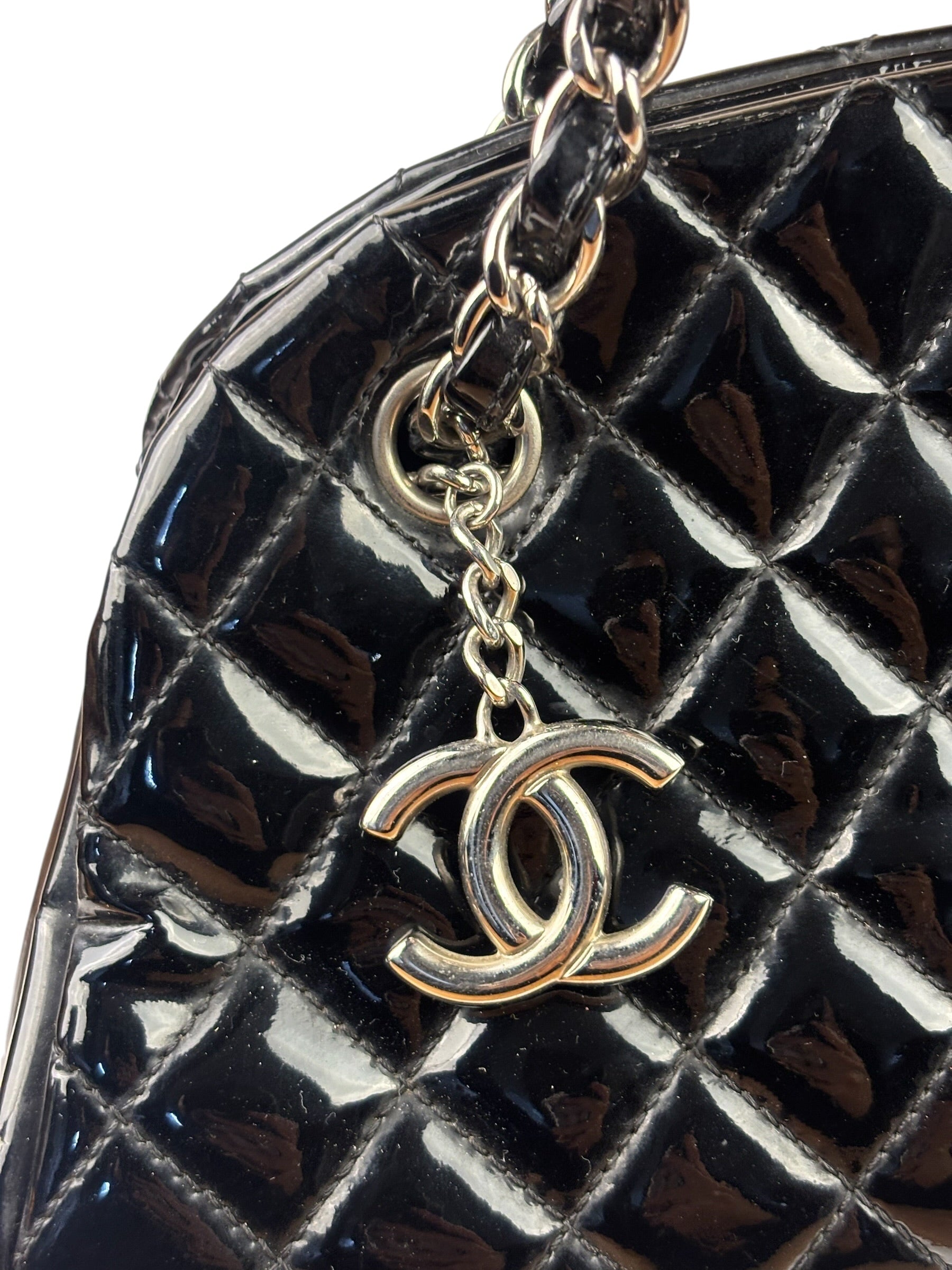 Chanel Black Patent Quilted Leather Just Mademoiselle Bowling Bag 2012