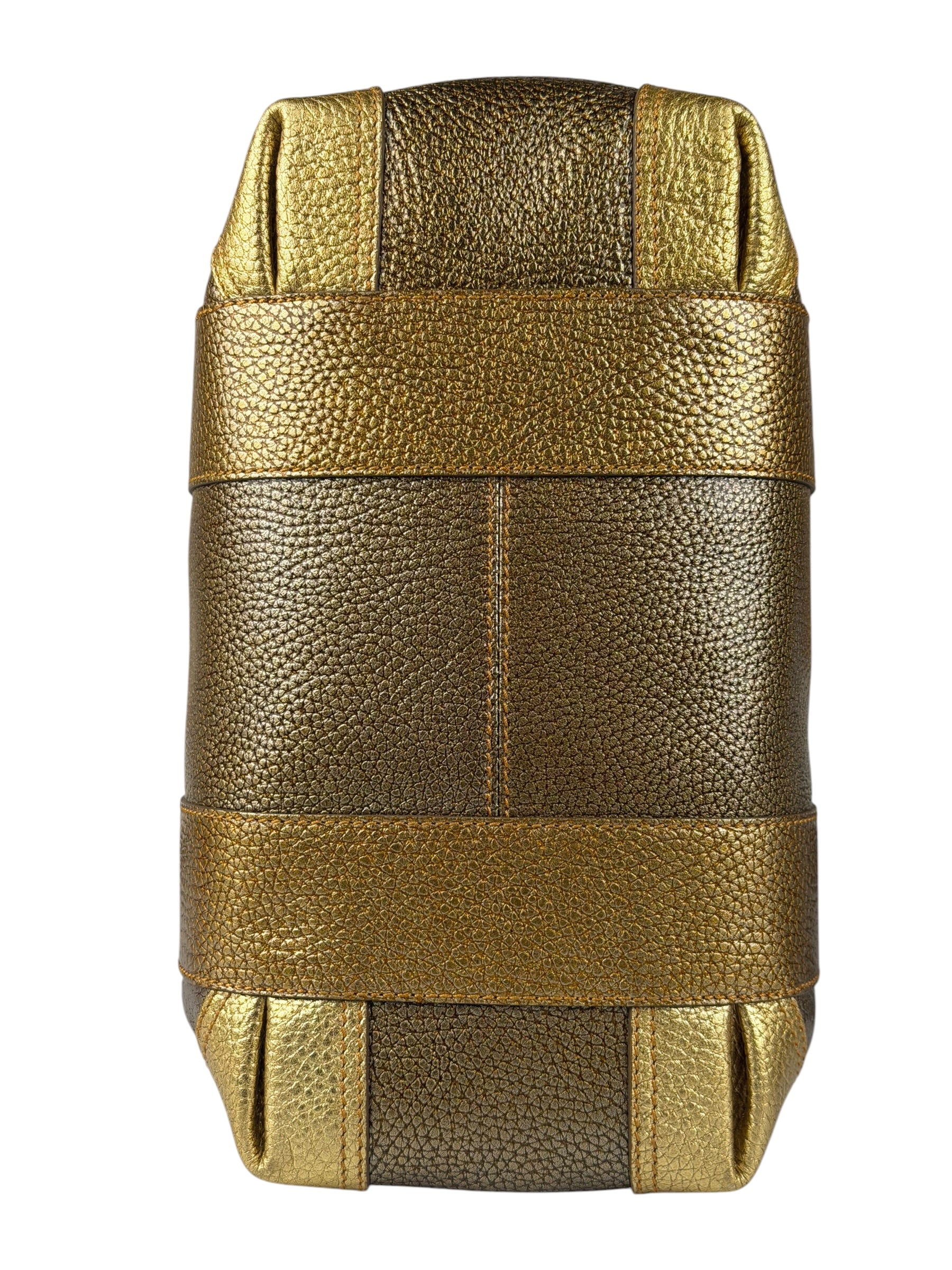 Fendi Metalic Gold Patent Pebbled Leather Media Boston Bag