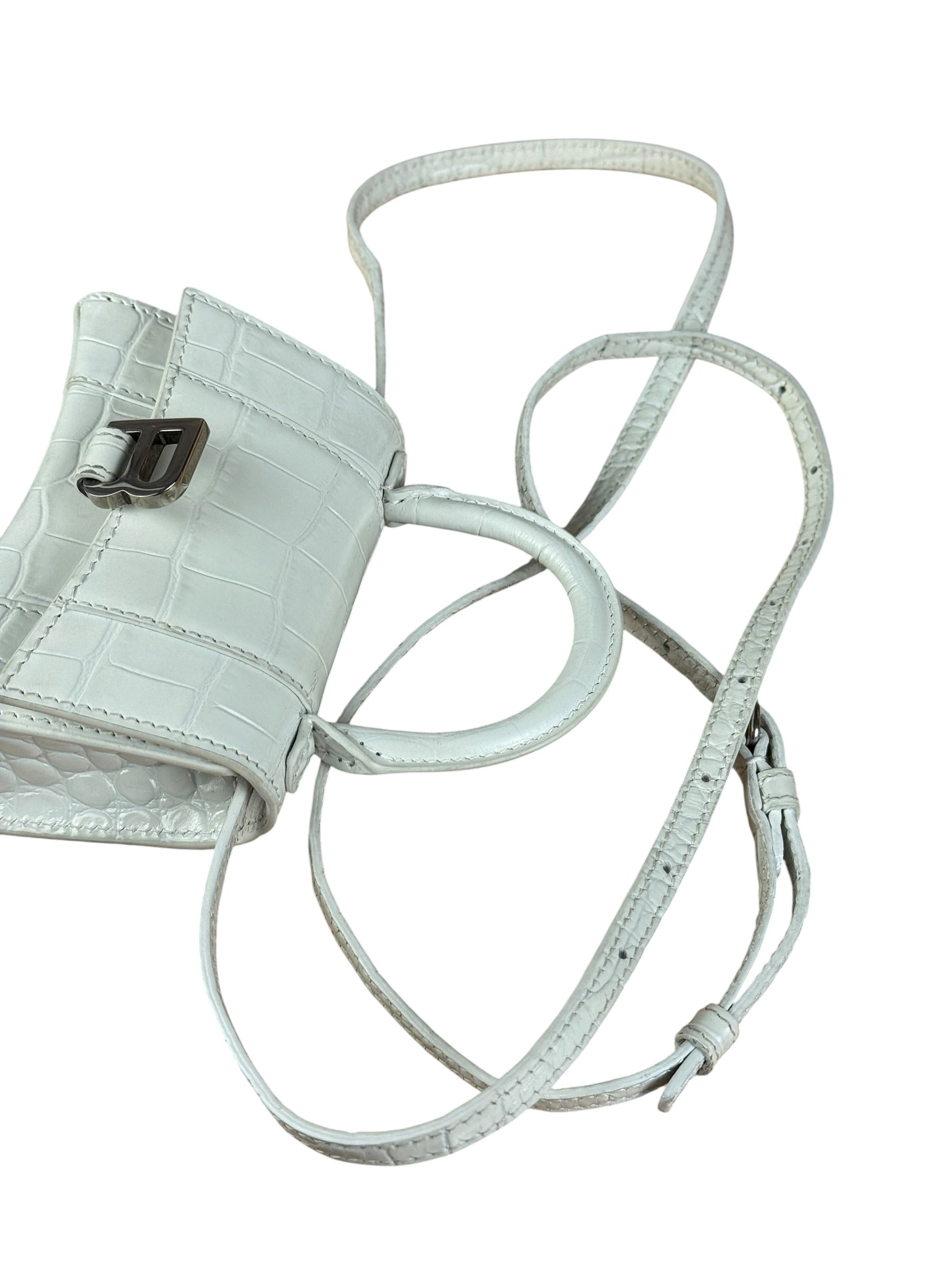 Balenciaga White Croc Embossed Nano Hourglass Bag