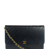 Chanel Vintage Black Leather Timeless Diagonal Stitch Flap Bag 1986