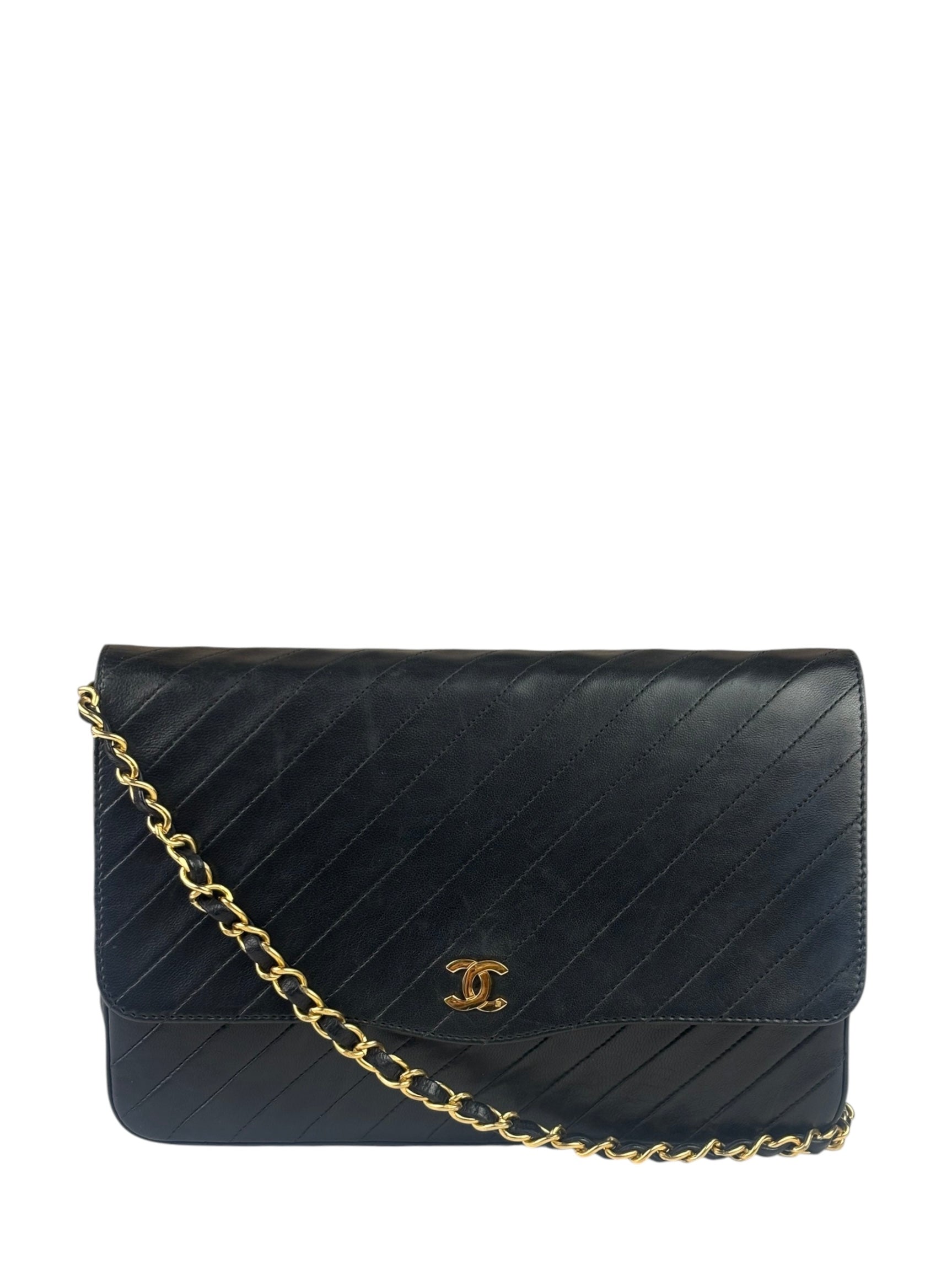 Chanel Vintage Black Leather Timeless Diagonal Stitch Flap Bag 1986