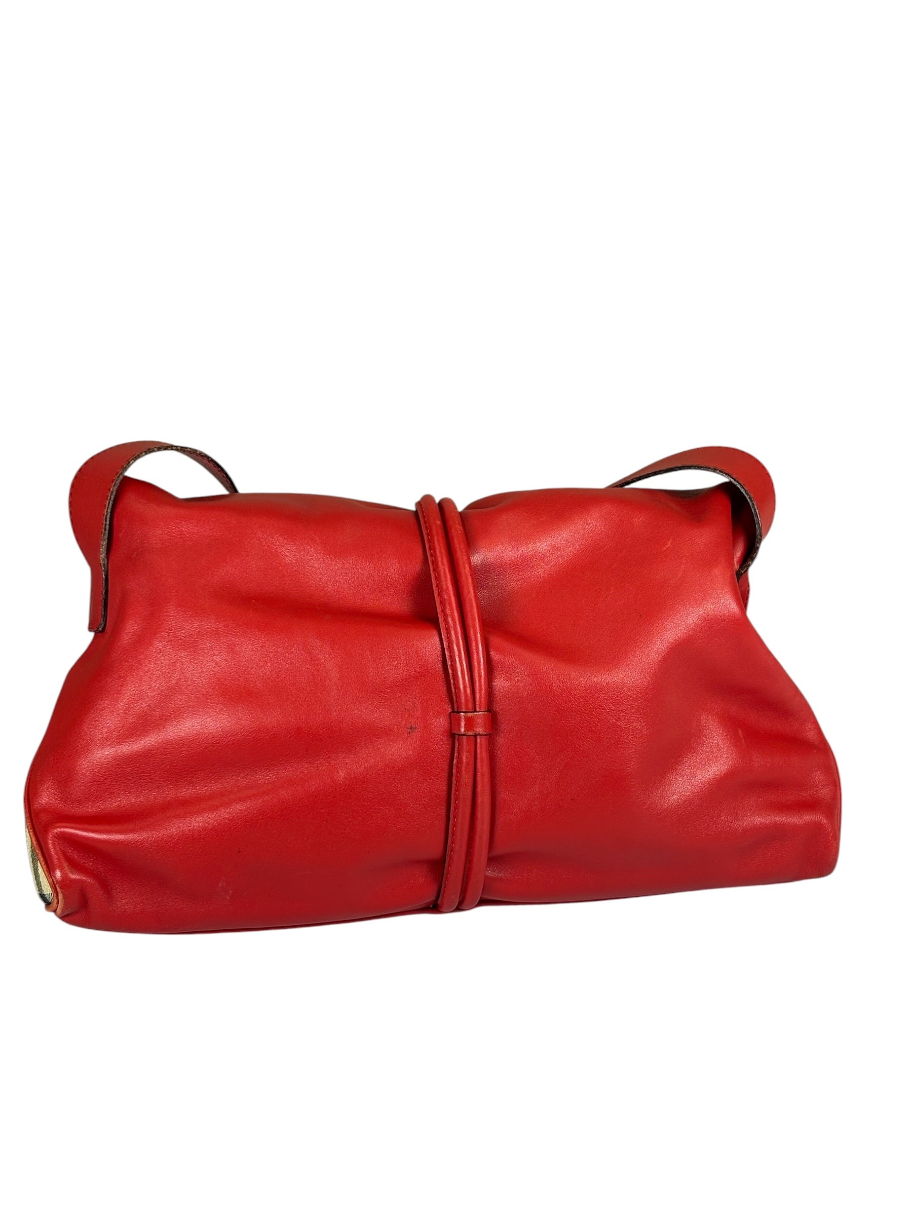 Burberry Red Leather Haymarket Check Shoulder Bag