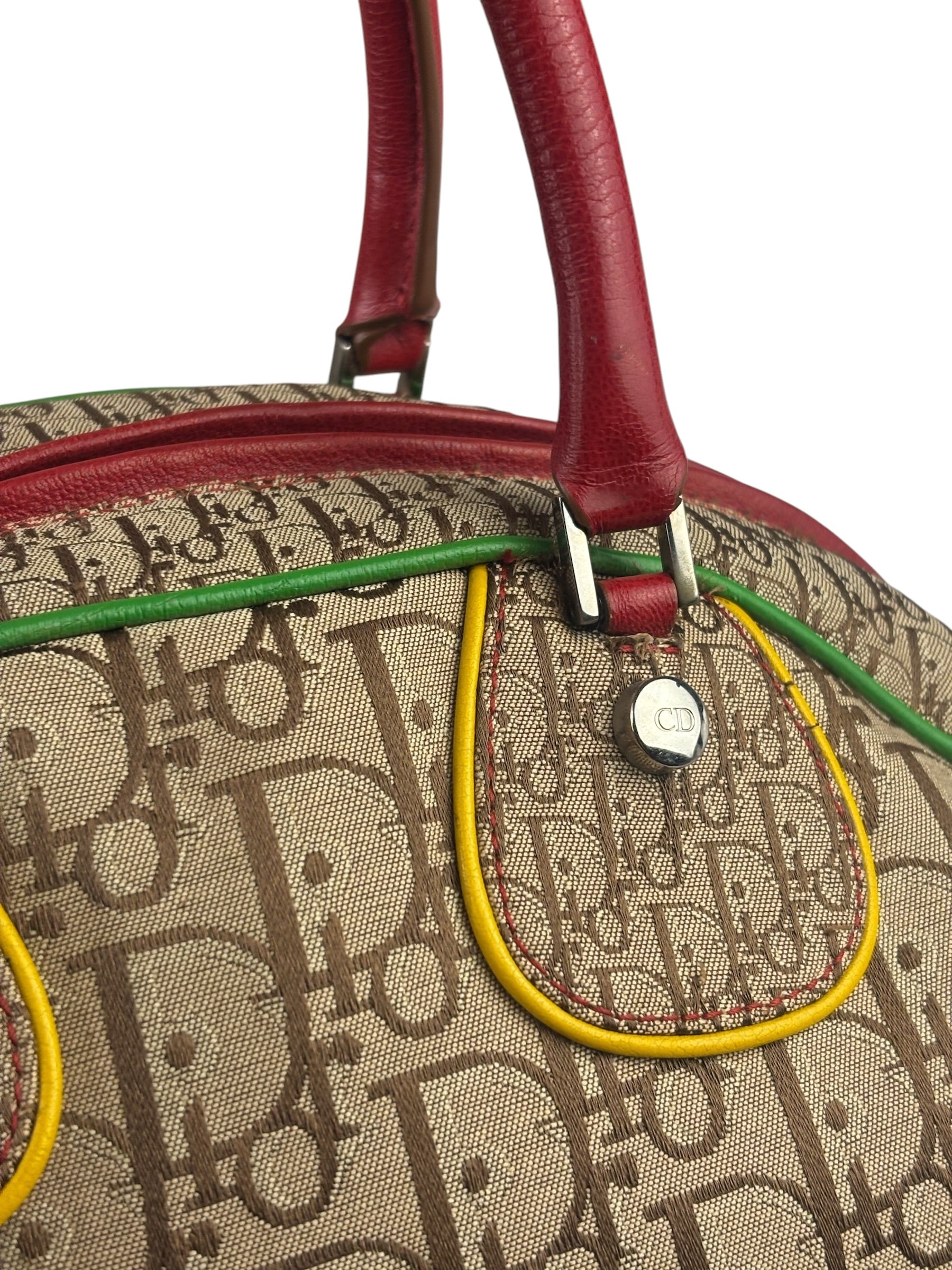 Christian Dior Vintage Beige/Brown Leather Trim Rasta Bowler Bag