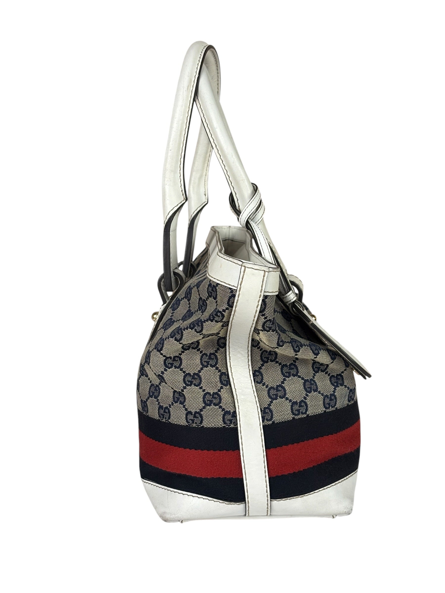Gucci Navy Leather Trim GG Sherry Line Heritage Shoulder Bag