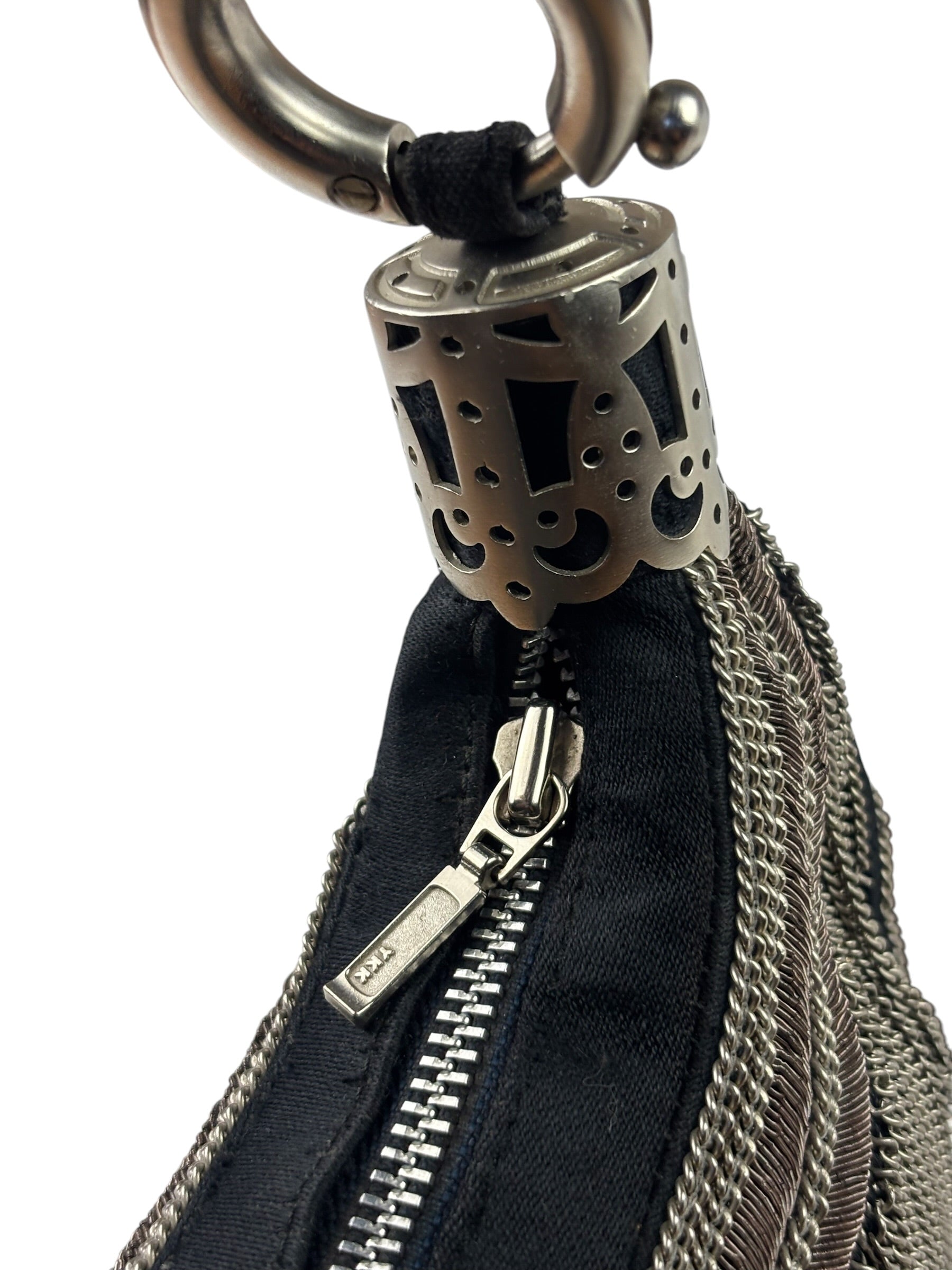 Chole Black Nylon Chain-Link Crescent Mini Hobo Bag