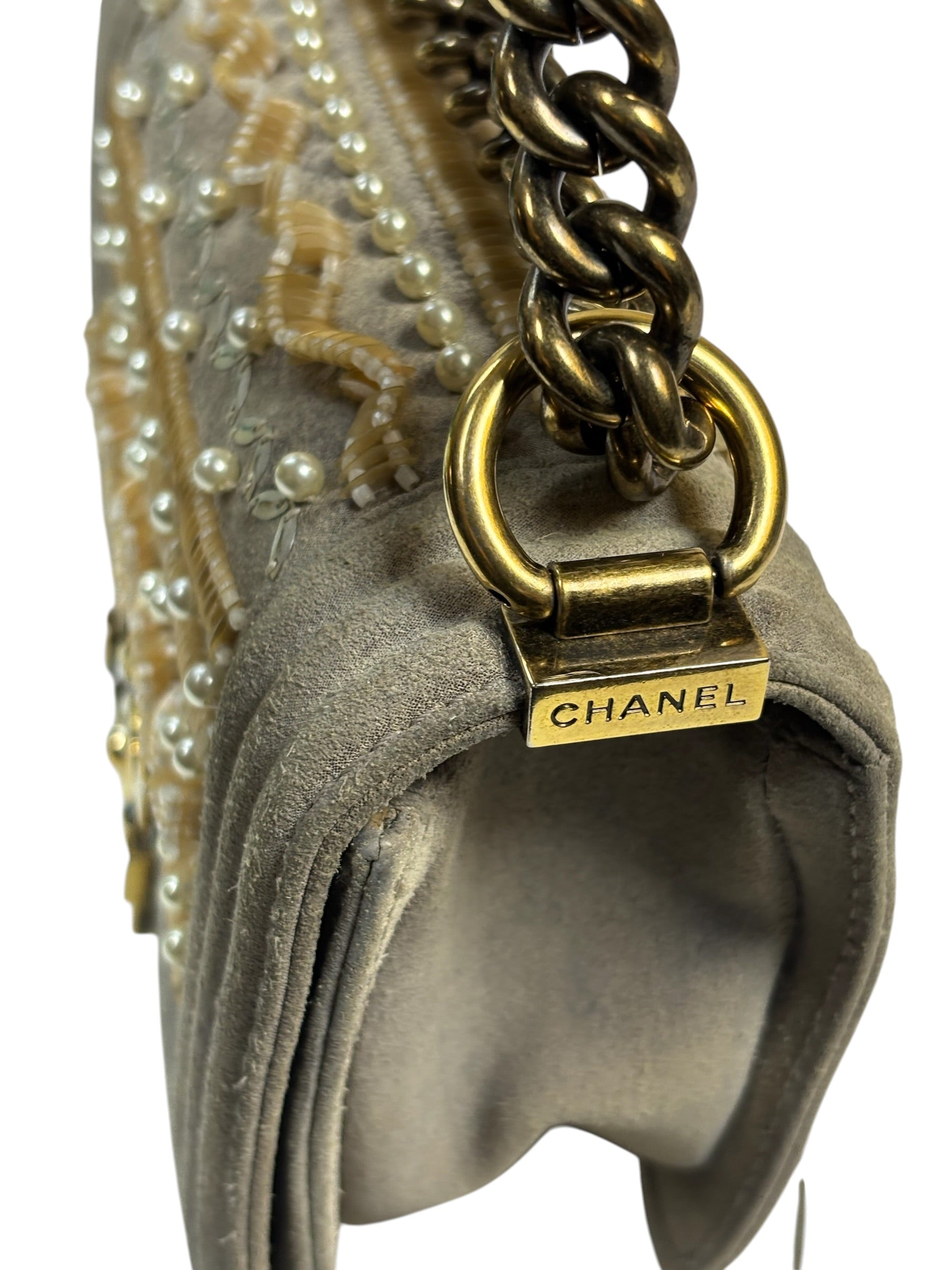 Chanel Grey Suede Beaded Pearl/Bead Boy Flap 2014