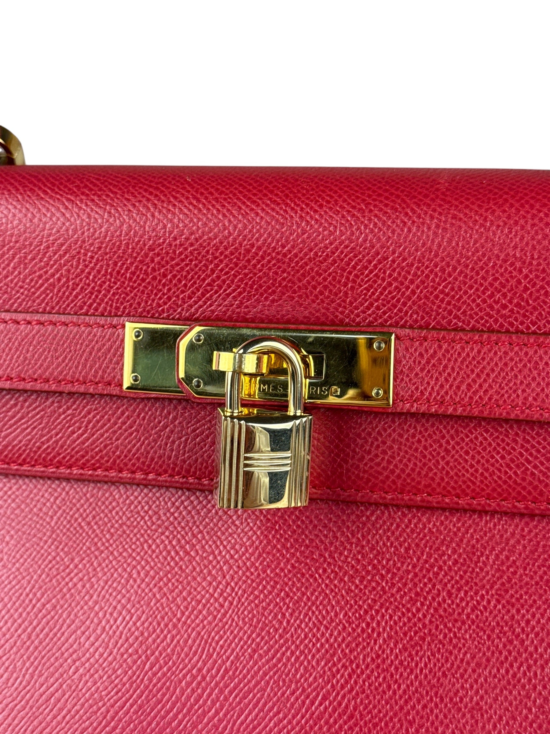 Hermes Kelly 32 Courchevel Rouge Vif Gold Handbag 1997