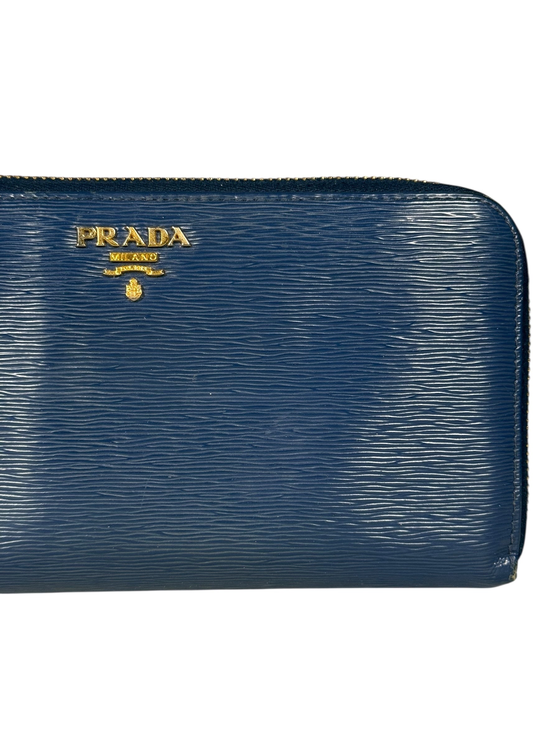 Prada Long Zip Leather Wallet Blue