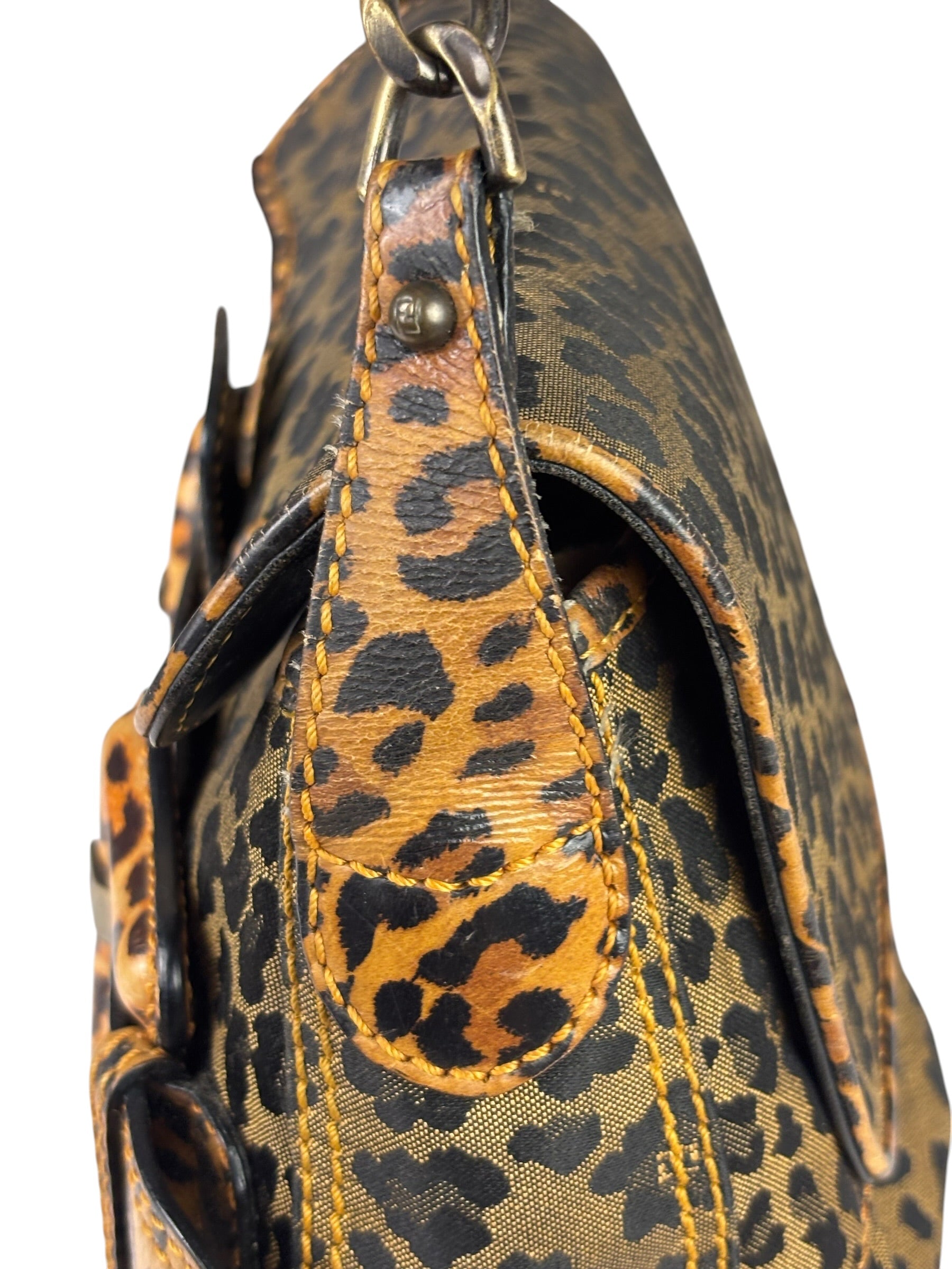 Fendi Brown Leather Trim Leopard Print Buckle Bag