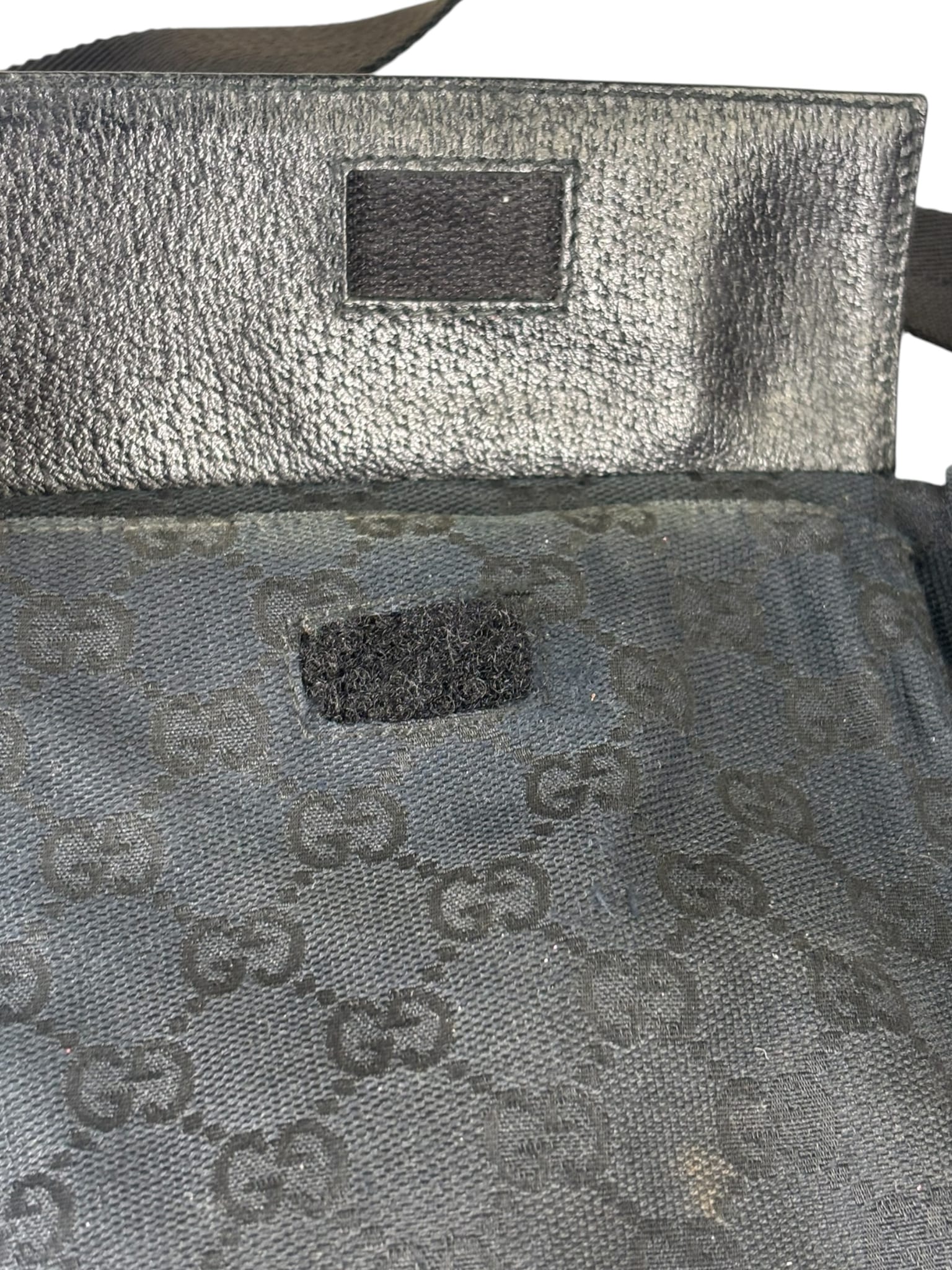 Gucci Black Leather Trim GG Double Pocket Bel Bag
