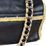 Chanel Black Leather Raffia Fringe CC Flap Shoulder Bag 2009