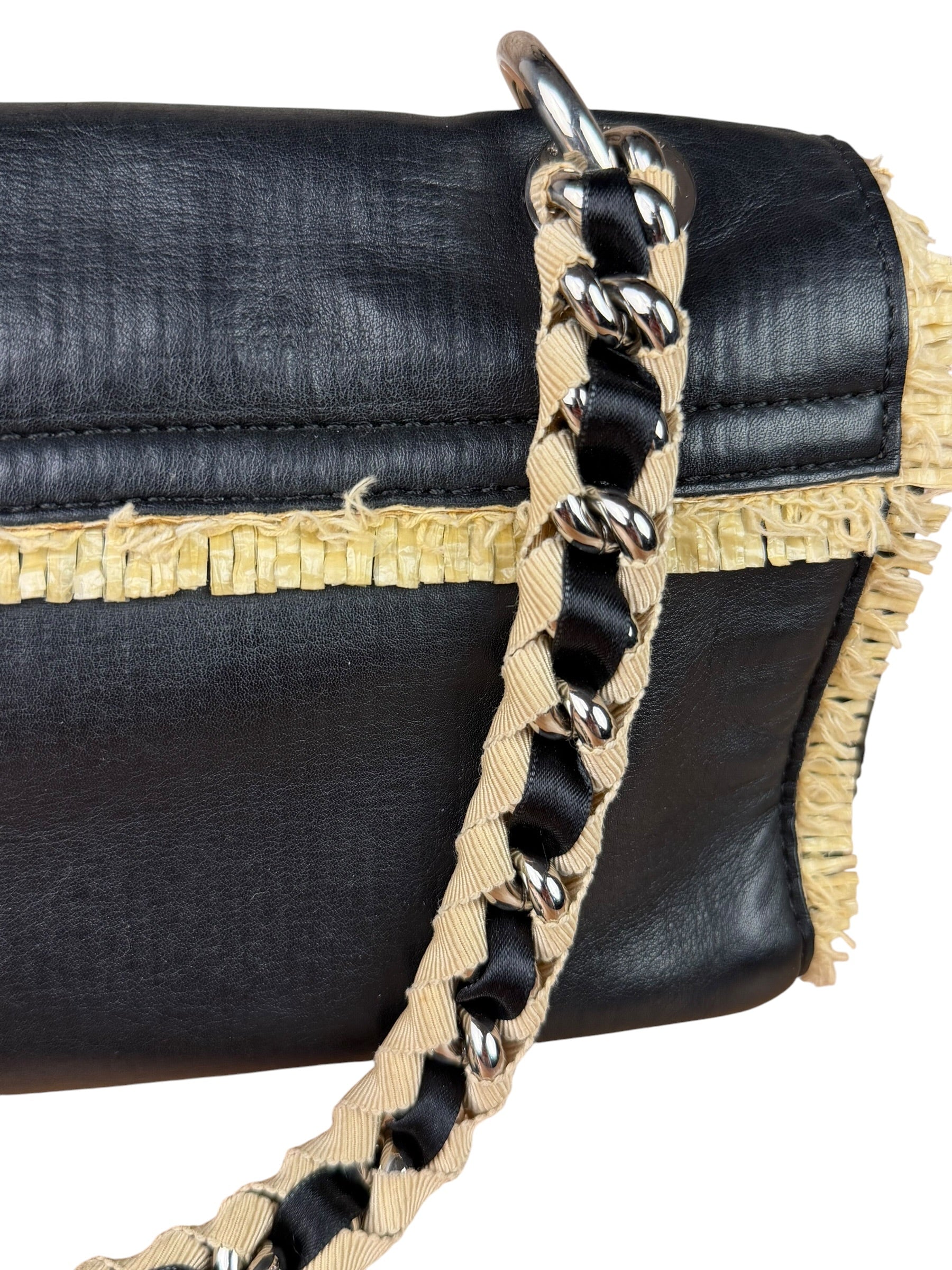 Chanel Black Leather Raffia Fringe CC Flap Shoulder Bag 2009