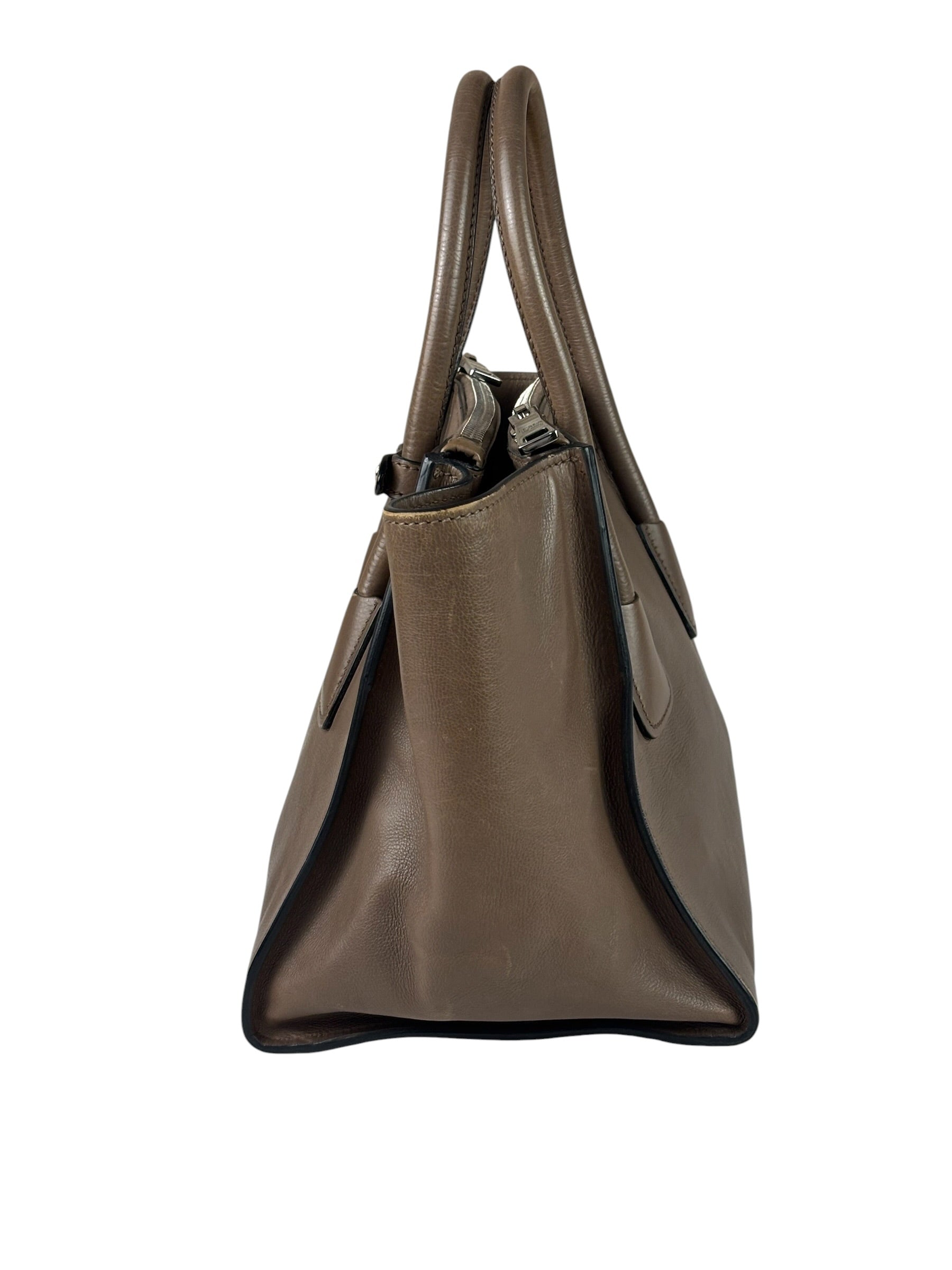 Prada Neutral Taupe Glace Calf Twin Pocket Two-Way Tote