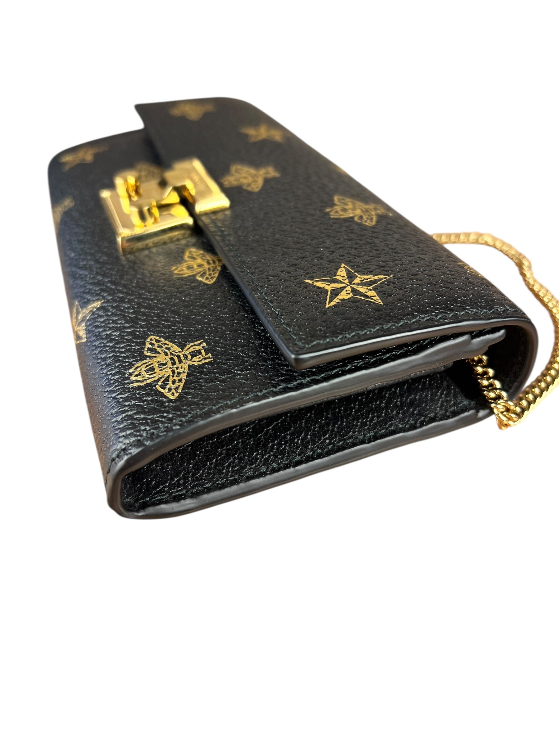 Gucci Leather Bees Padlock Continental Wallet On Chain Black