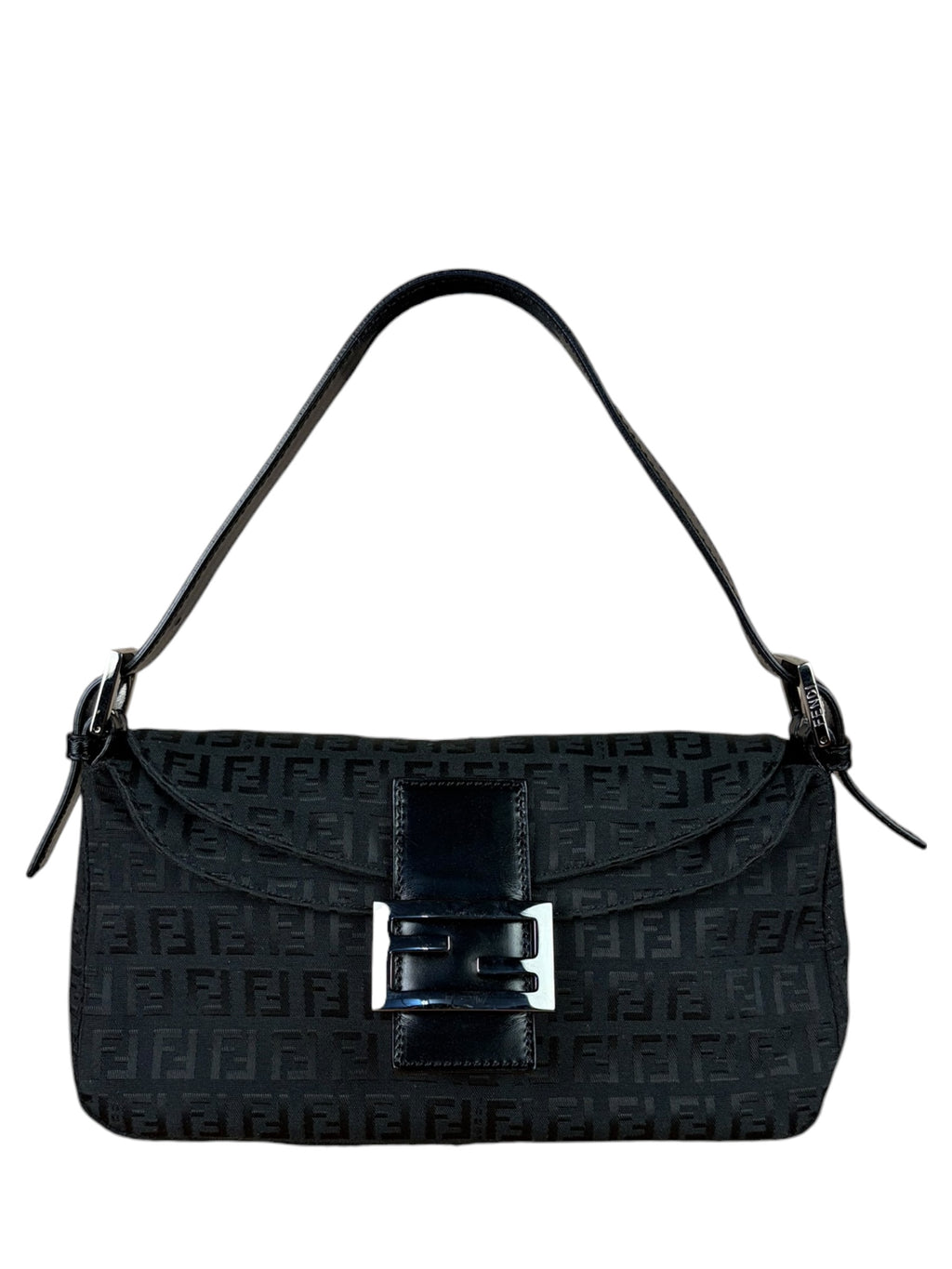 Fendi Black Leather Trim Zucca Baguette