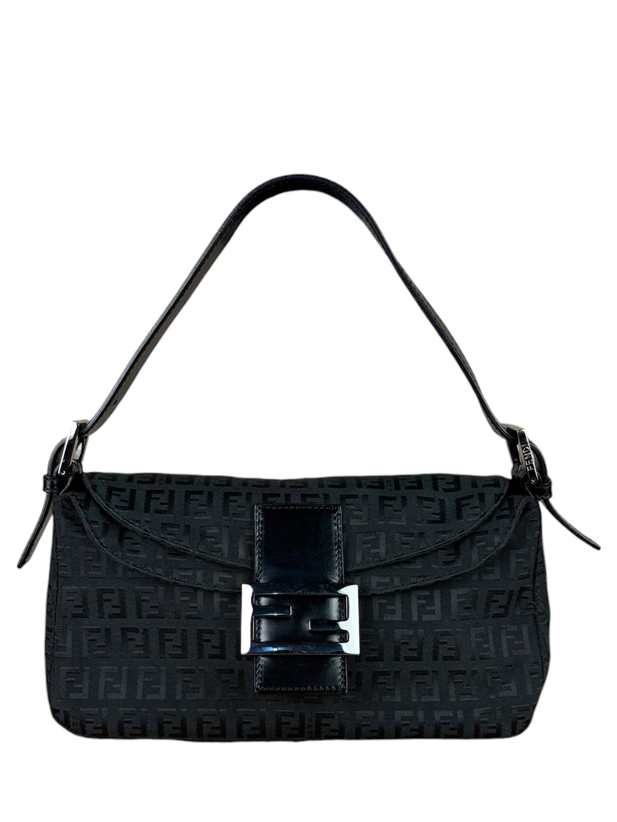 Fendi Black Leather Trim Zucca Baguette