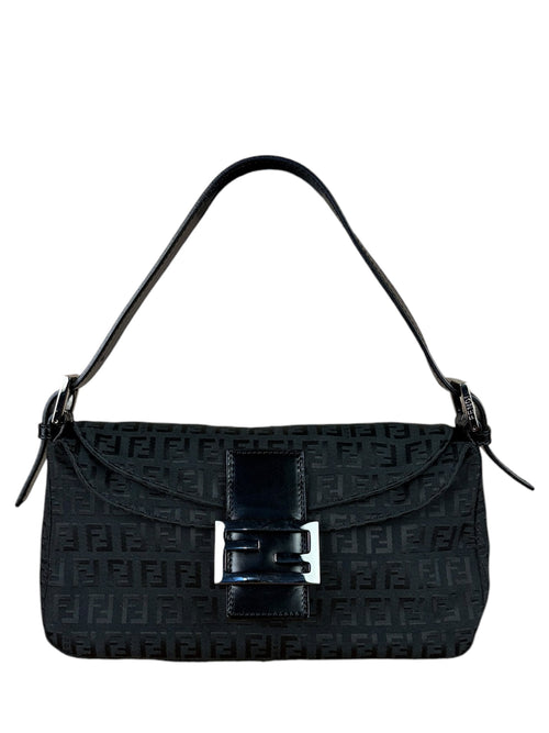 Fendi Black Leather Trim Zucca Baguette