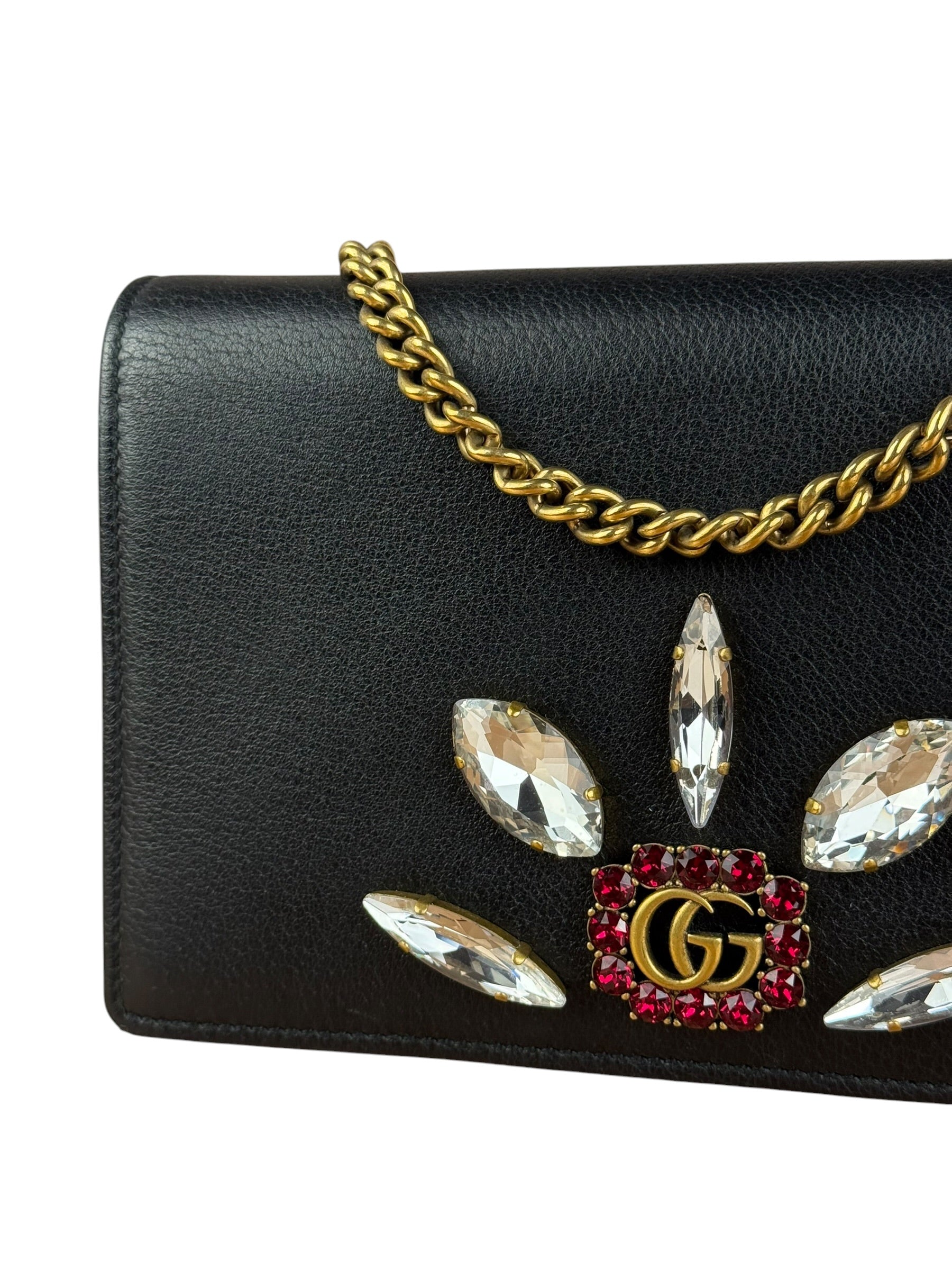 Gucci GG Crystal Embellished Black Leather Wallet on Chain Bag