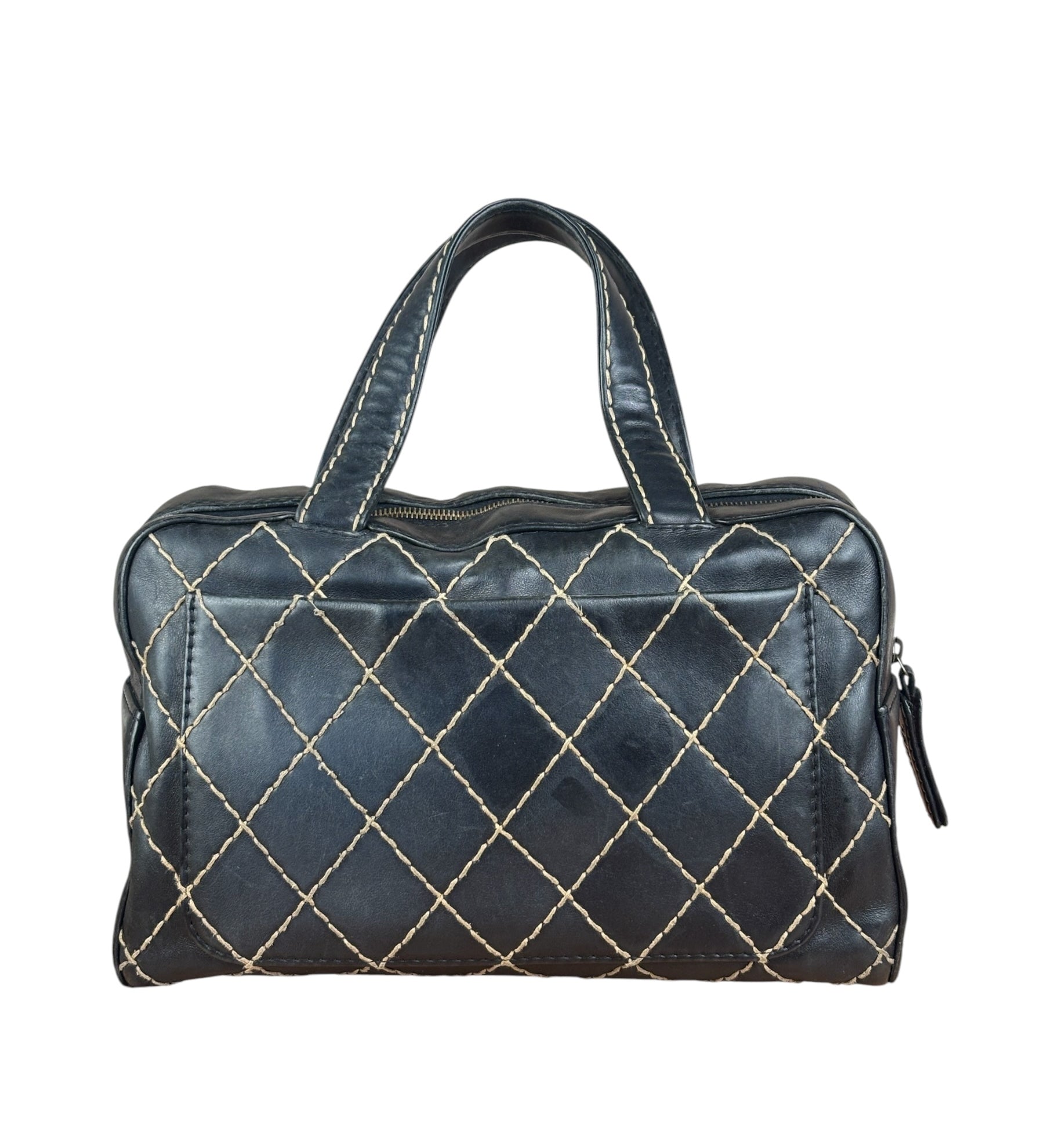 Chanel Vintage Black Leather Wild Stitch Bowler Shoulder Bag 2001