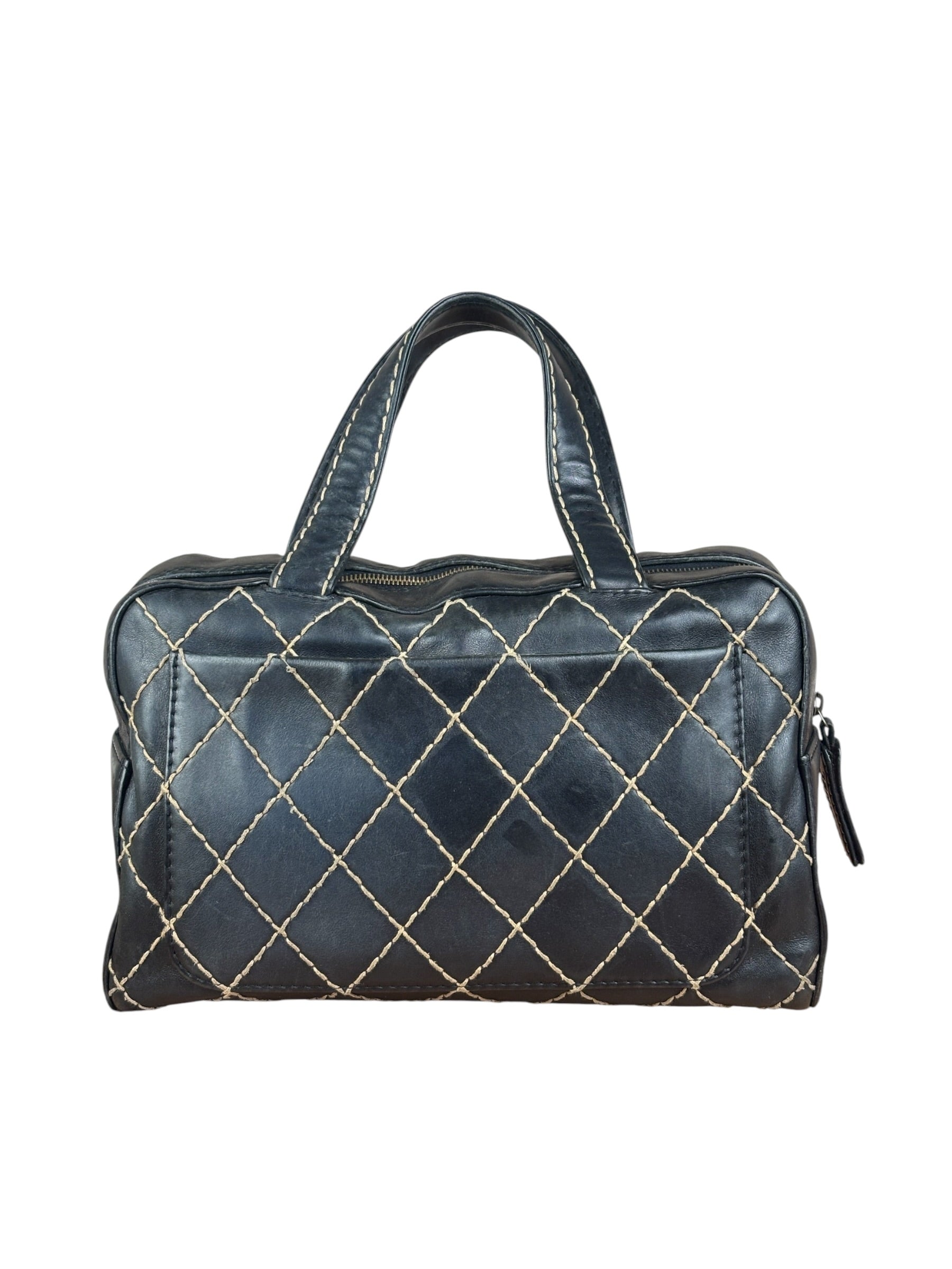 Chanel Vintage Black Leather Wild Stitch Bowler Shoulder Bag 2001