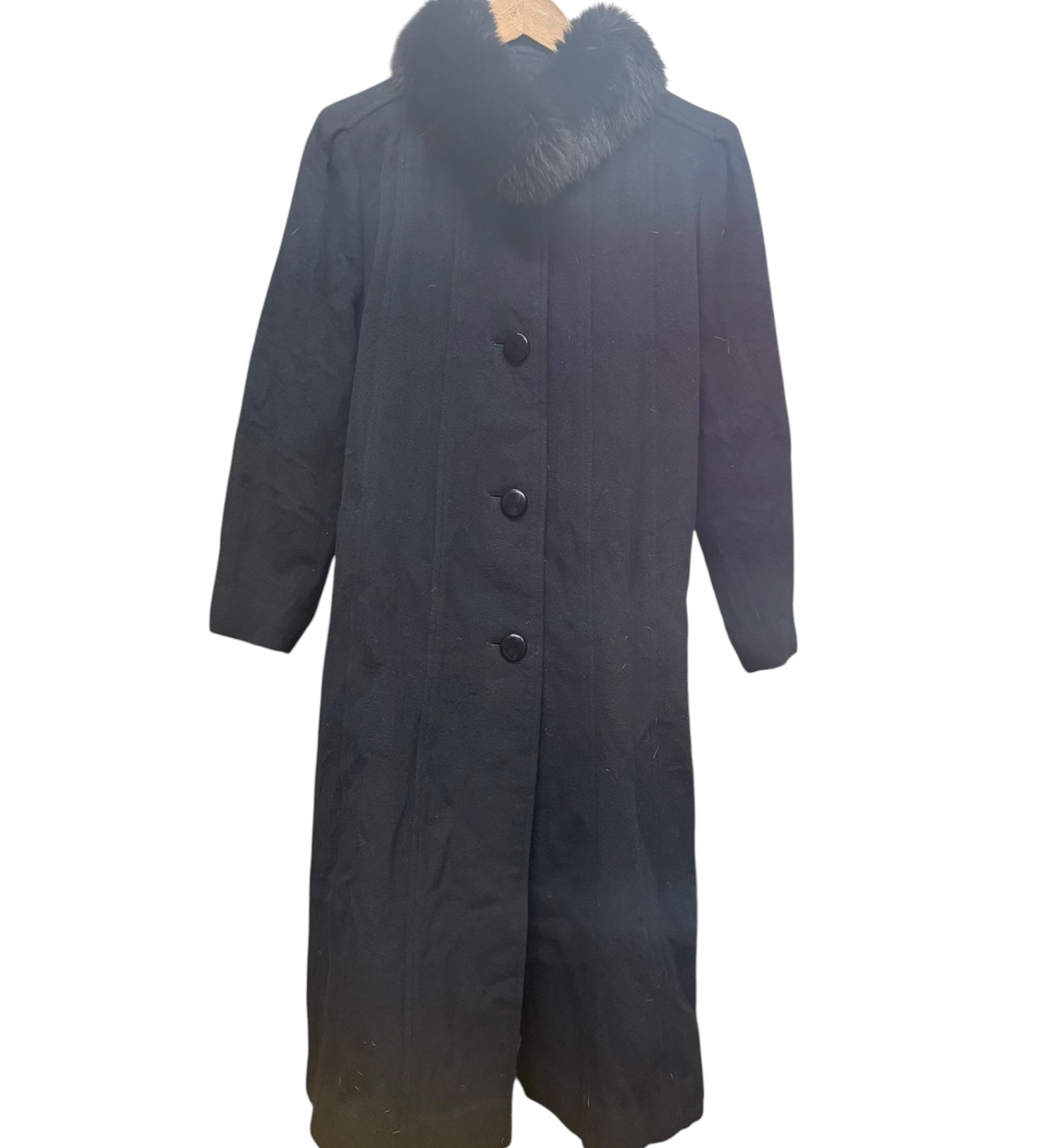 Vintage Black Wool Fox Fur Collared Long Coat
