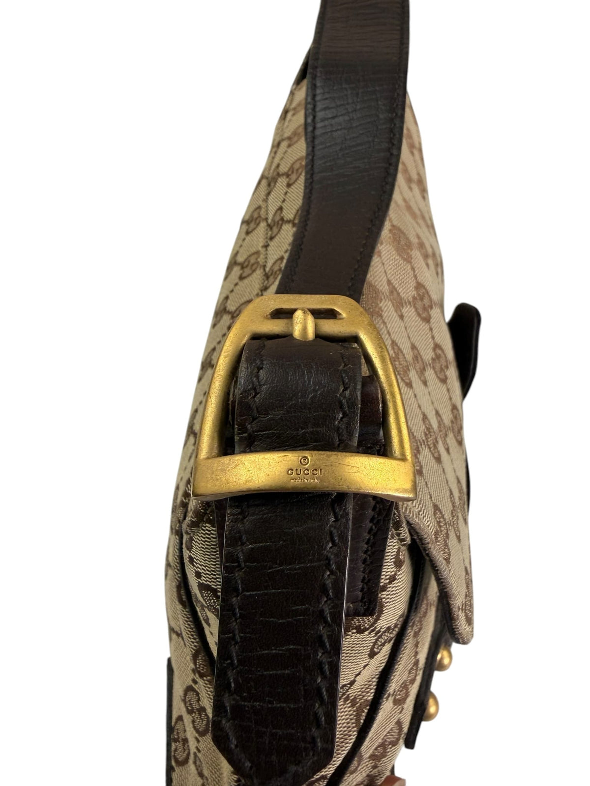 Gucci Brown Leather Trim GG Horsebit Chain Shoulder Bag