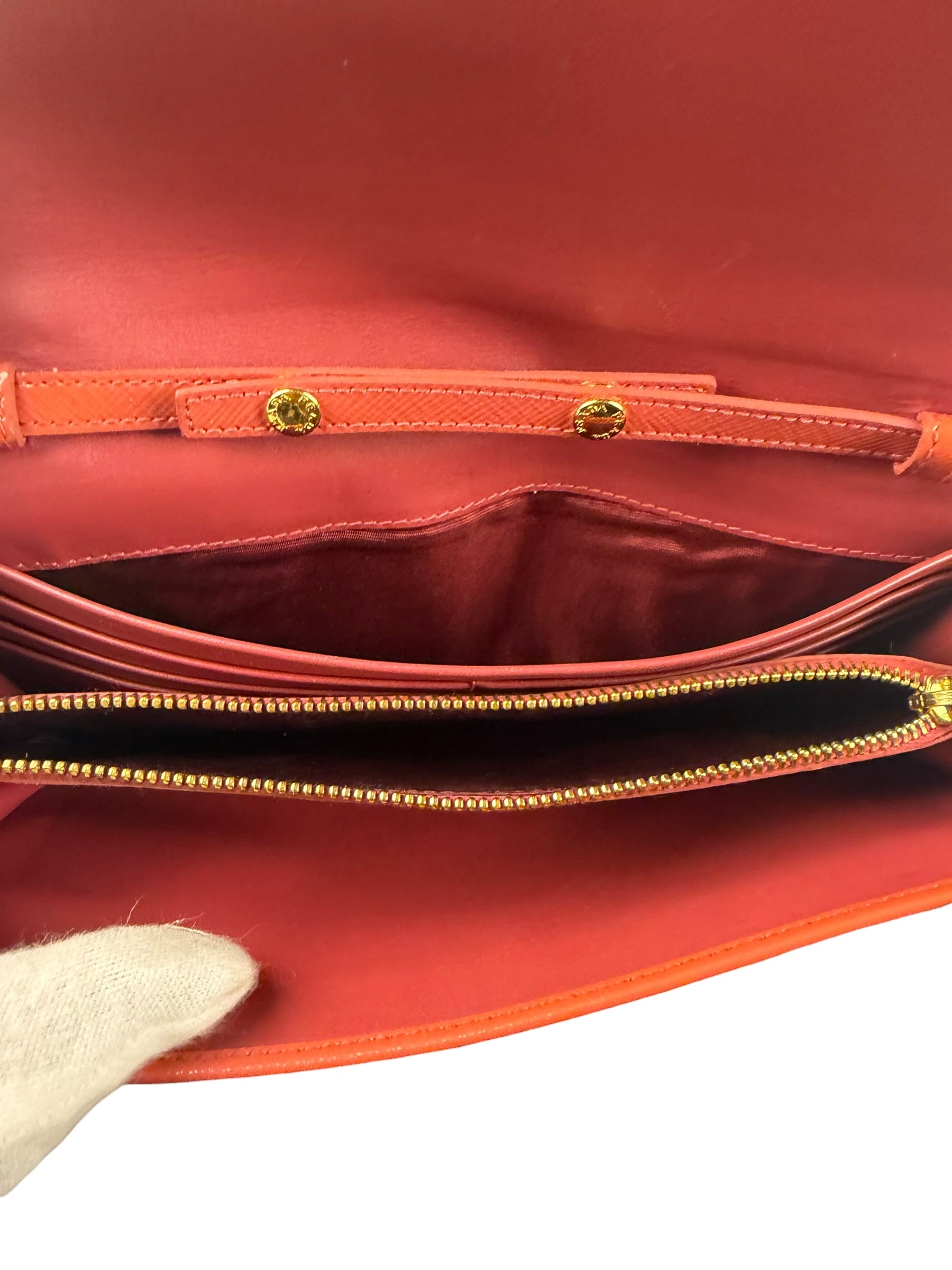 Prada Coral-Red Saffiano Leather Wallet On Chain