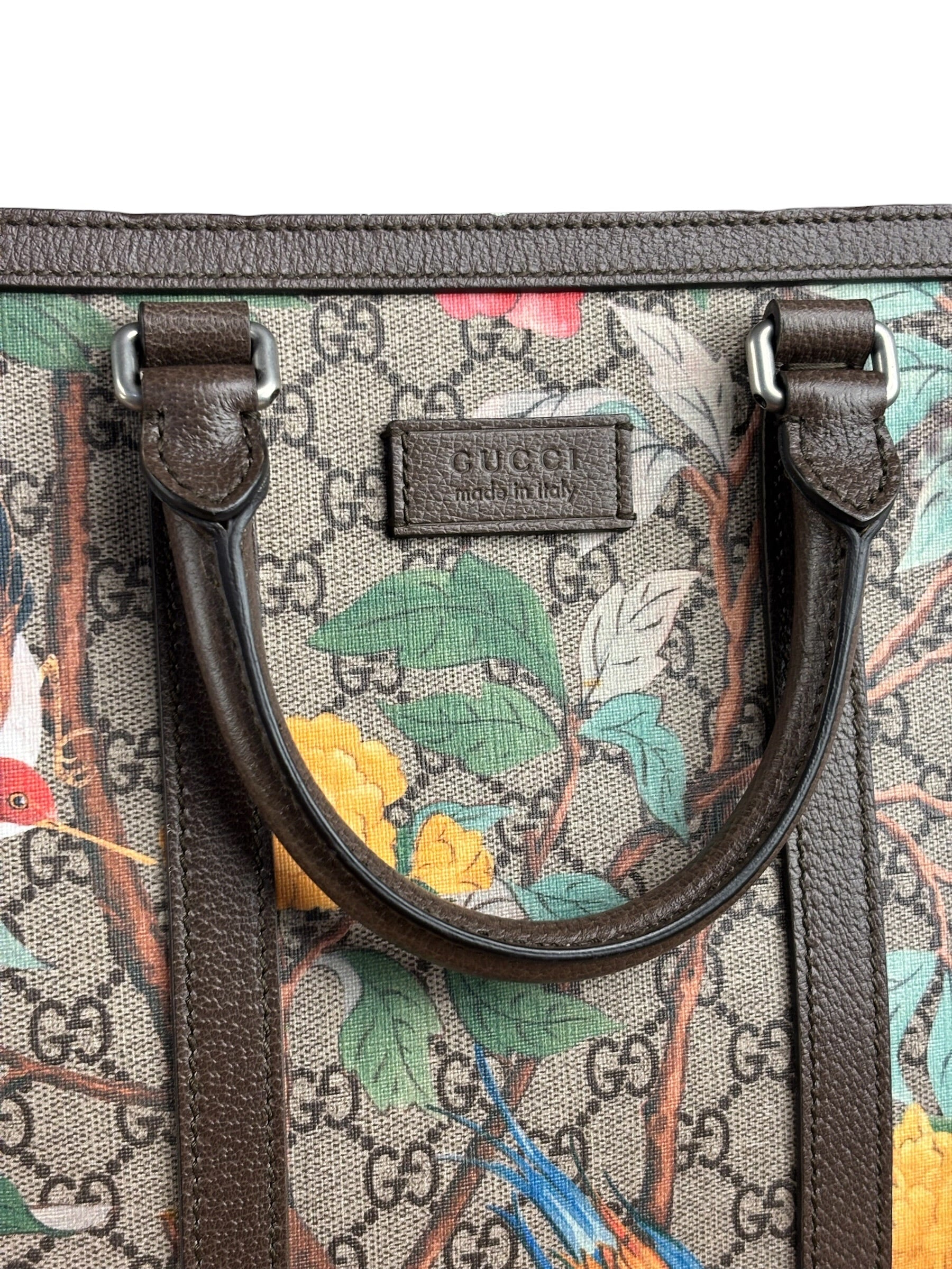 Gucci Brown Leather Trim GG Supreme Tian Vertical Tote Bag