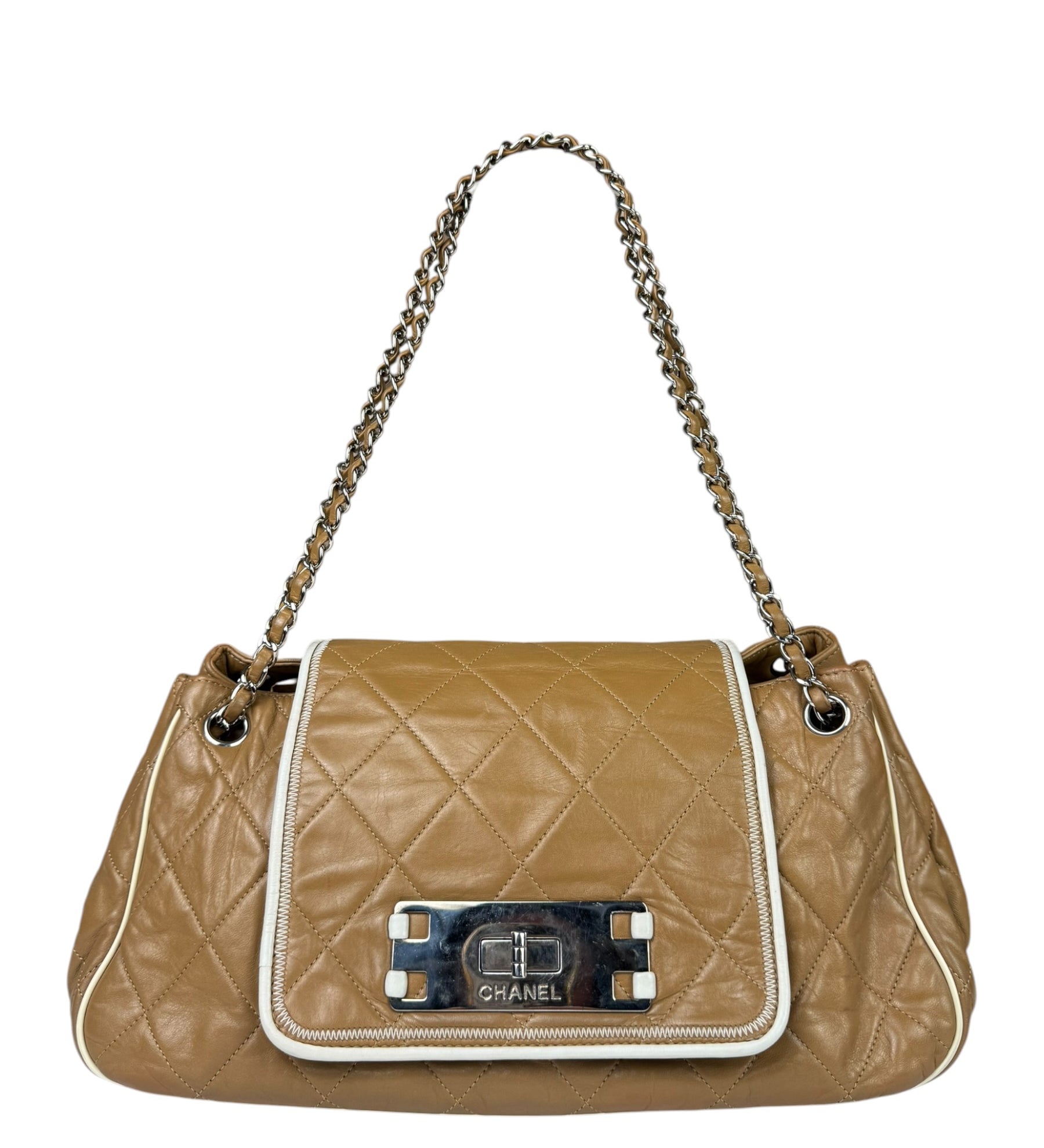 Chanel East/West Accordion Chain Beige Flap Bag 2008