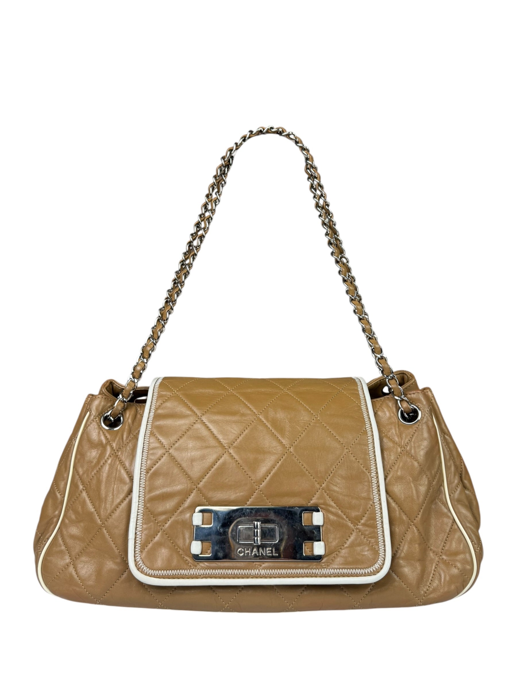 Chanel East/West Accordion Chain Beige Flap Bag 2008