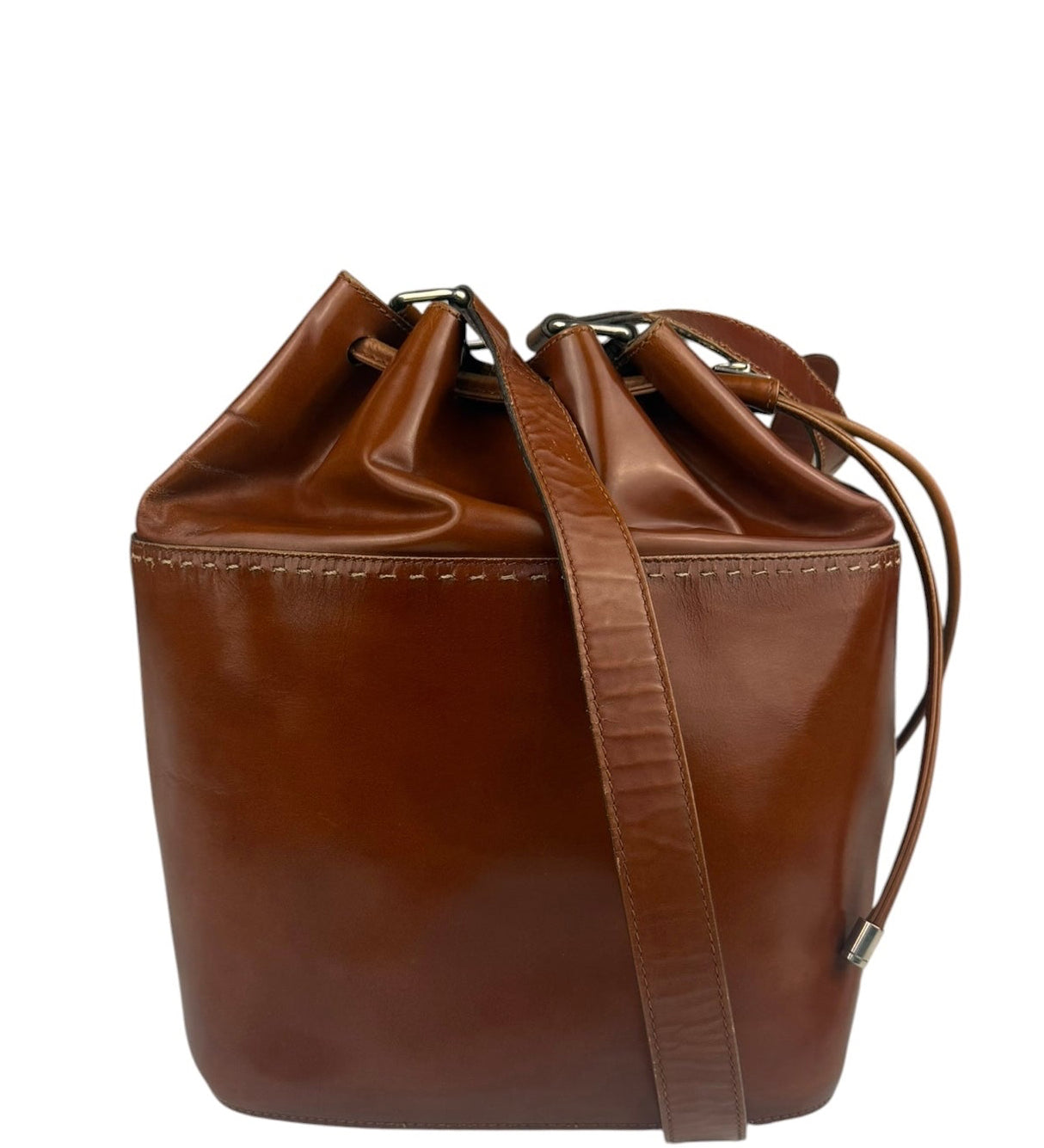 Celine Vintage Brown Leather Cinch Bucket Crossbody Bag