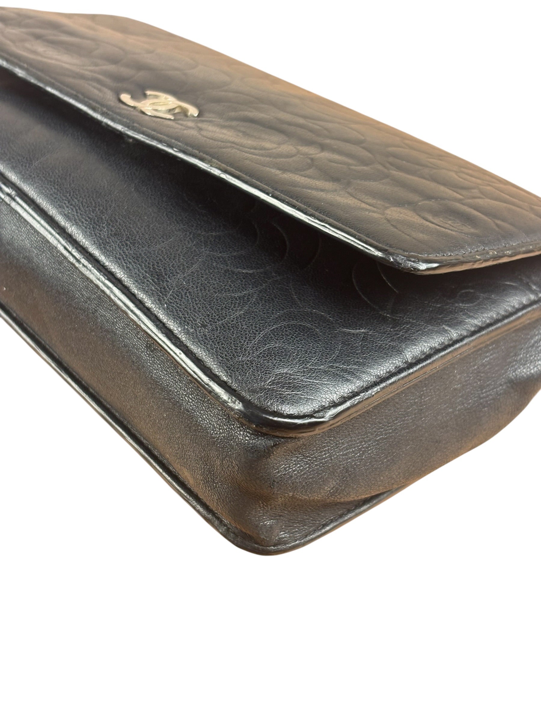 Chanel Black Leather Camellia Embossed Chain Wallet 2012