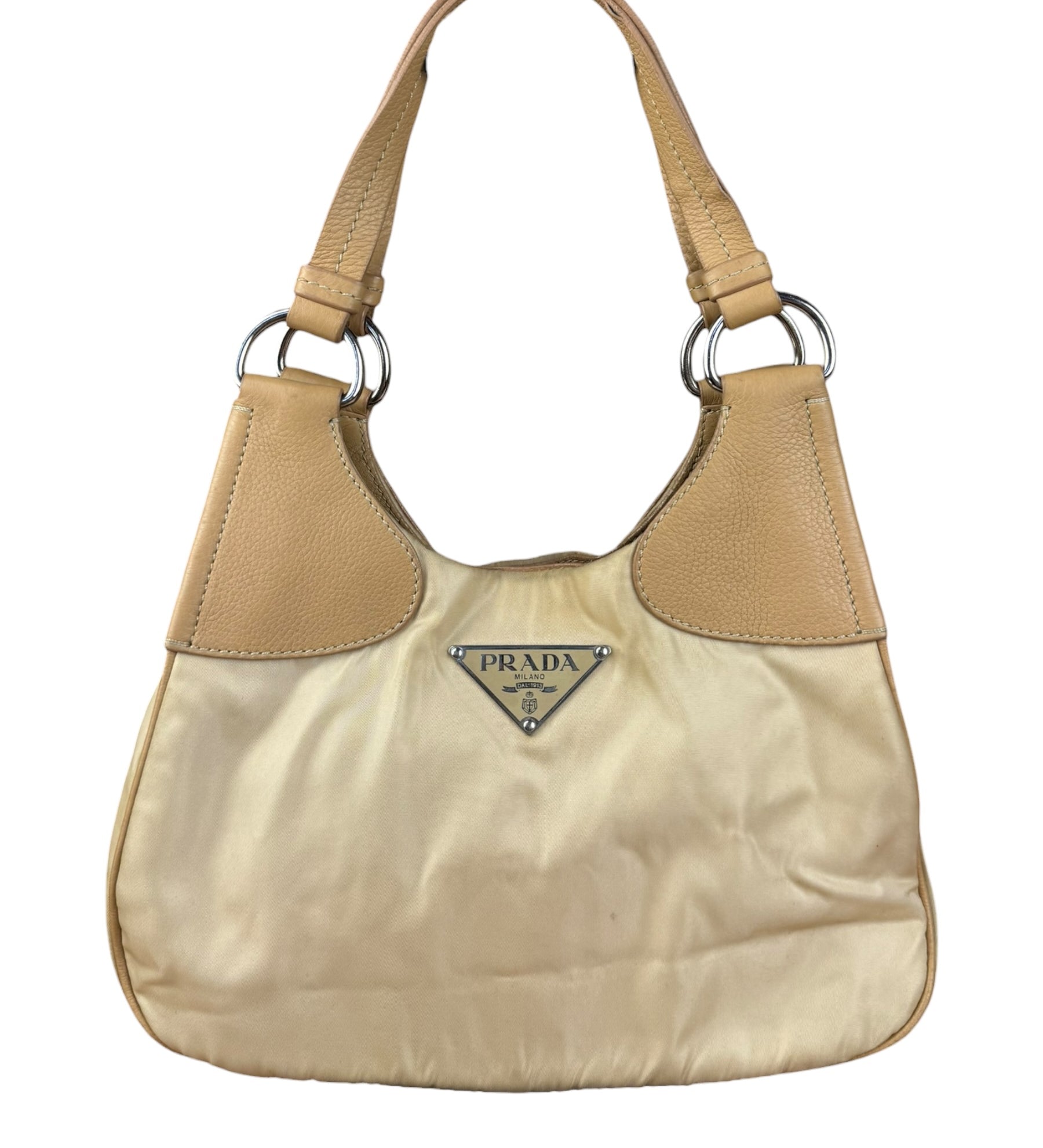 Prada Vintage Beige Nylon/Leather Logo Handbag
