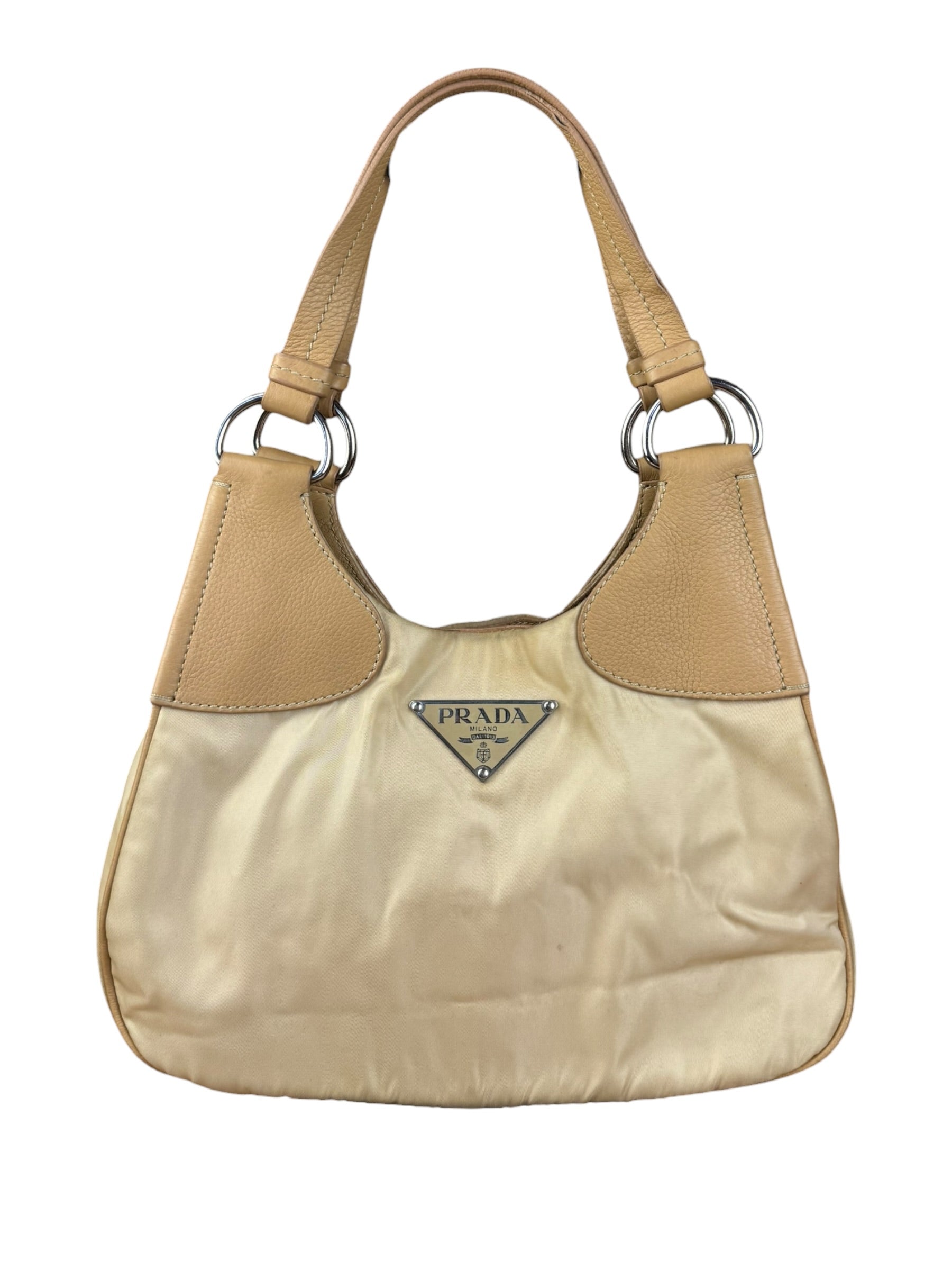 Prada Vintage Beige Nylon/Leather Logo Handbag