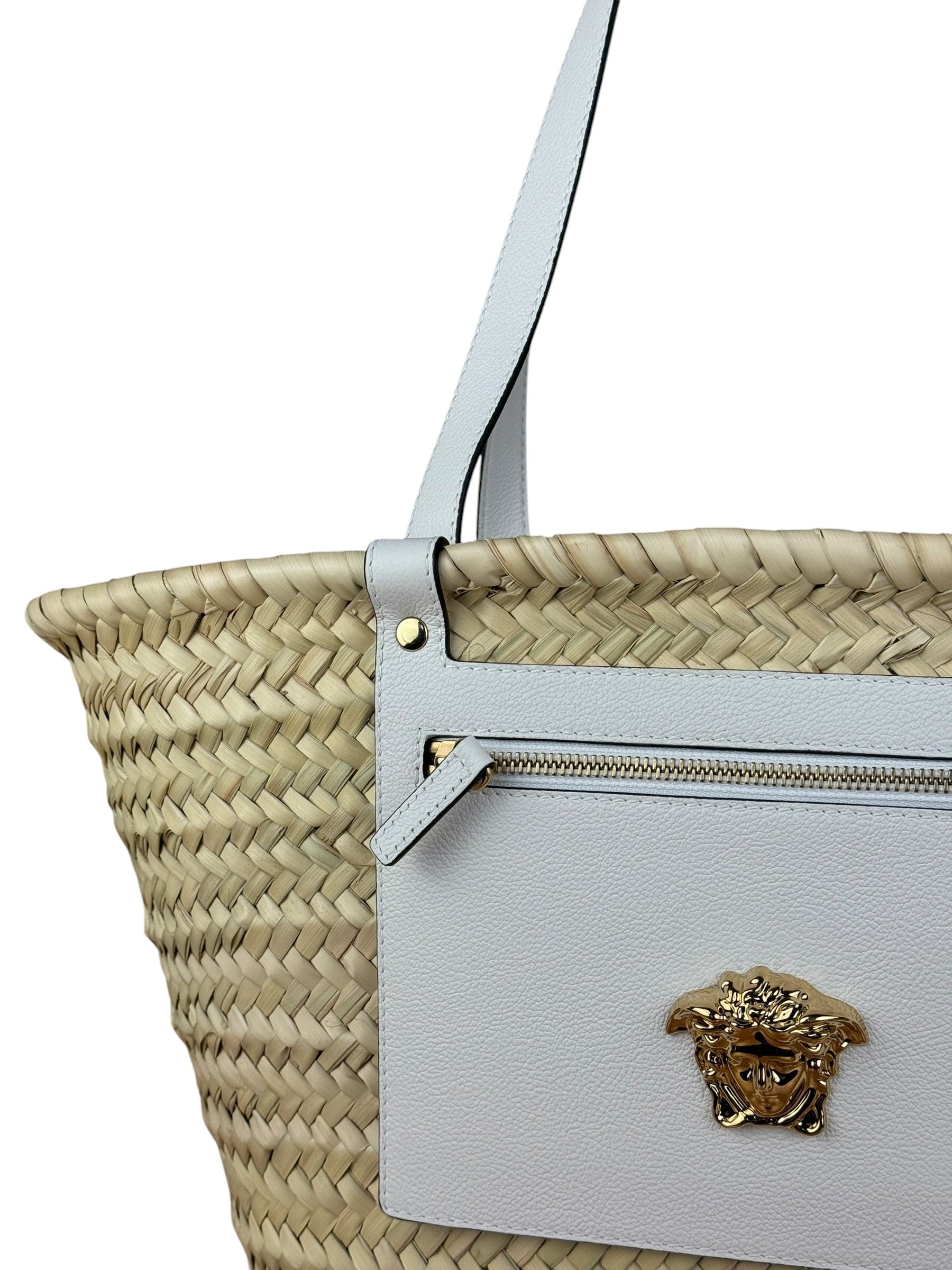 Versace Wicker Woven White Medusa Top Handle Tote