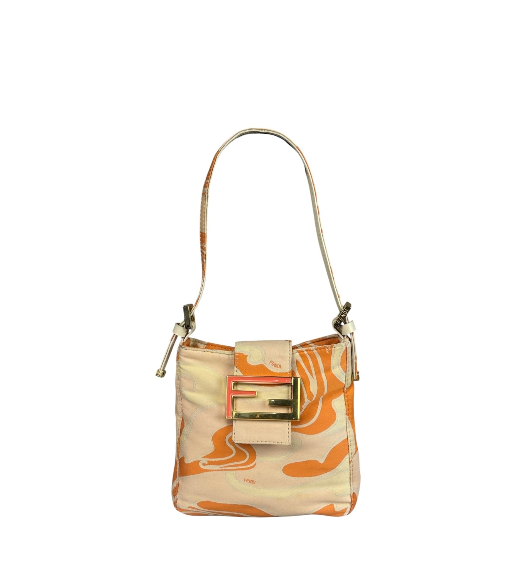 Fendi Orange Leather Trim/Satin Swirl Print Mini Baguette