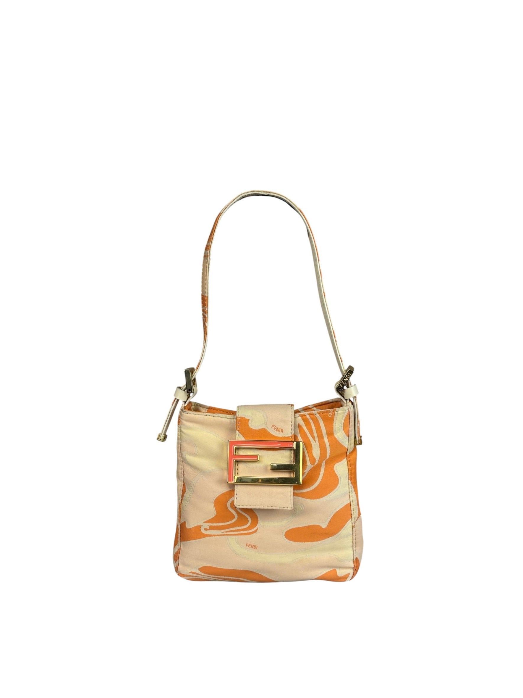 Fendi Orange Leather Trim/Satin Swirl Print Mini Baguette