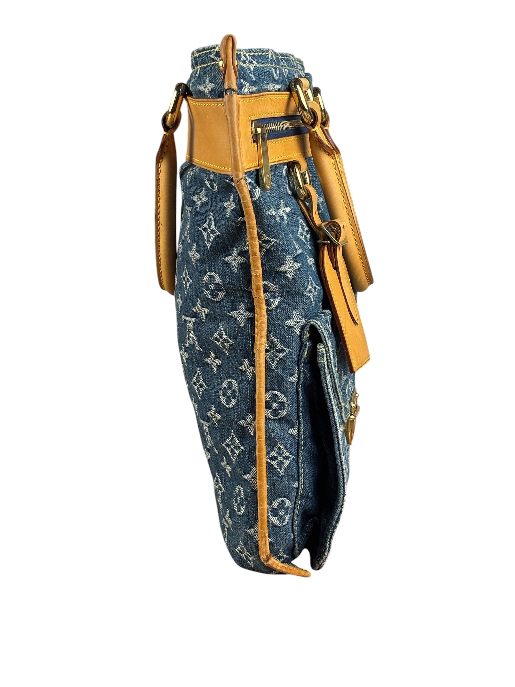 Louis Vuitton Denim Leather Trim Monogram Flat Tote Bag