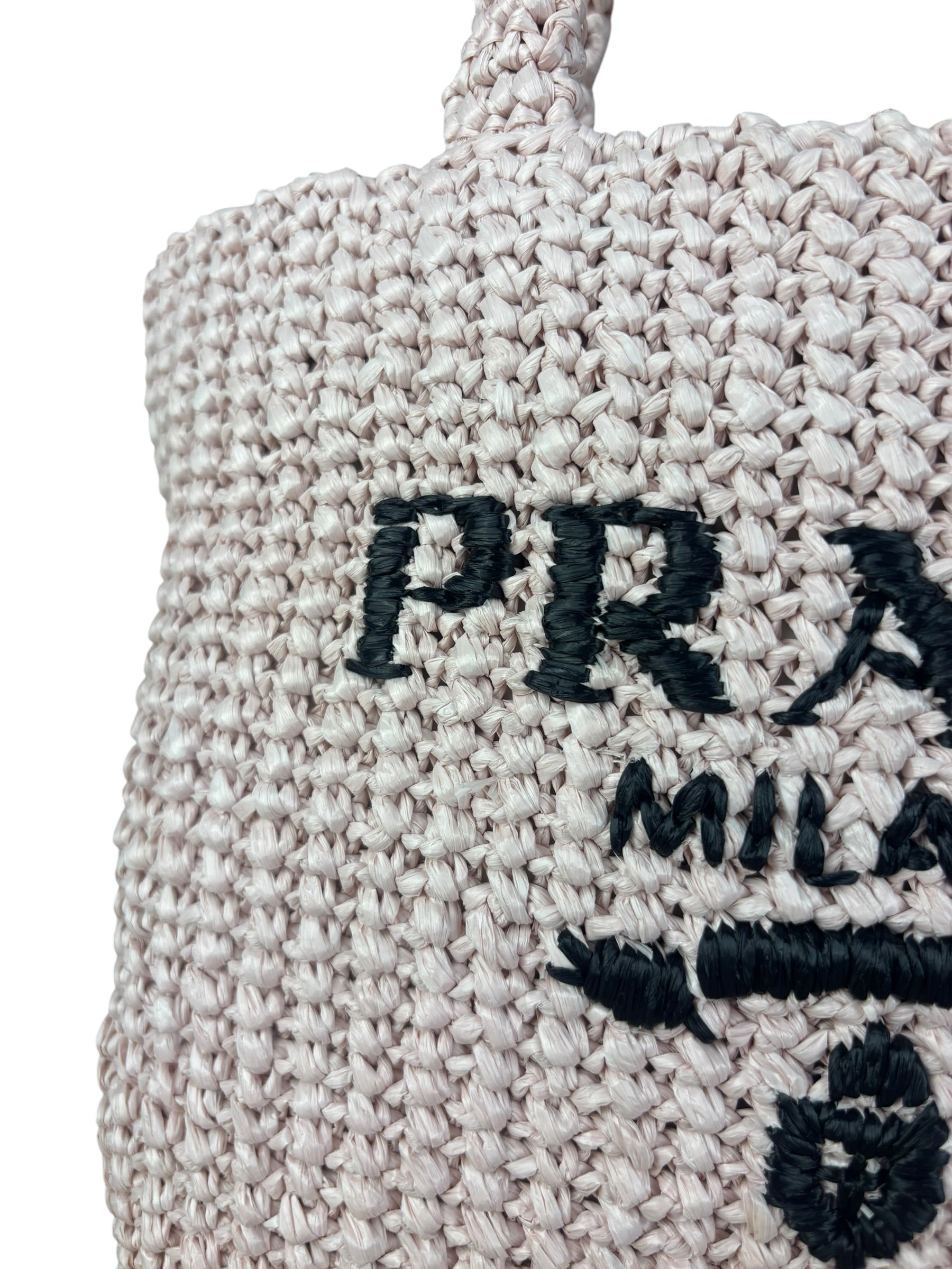Prada Pink Raffia Woven Crochet Logo Tote Bag