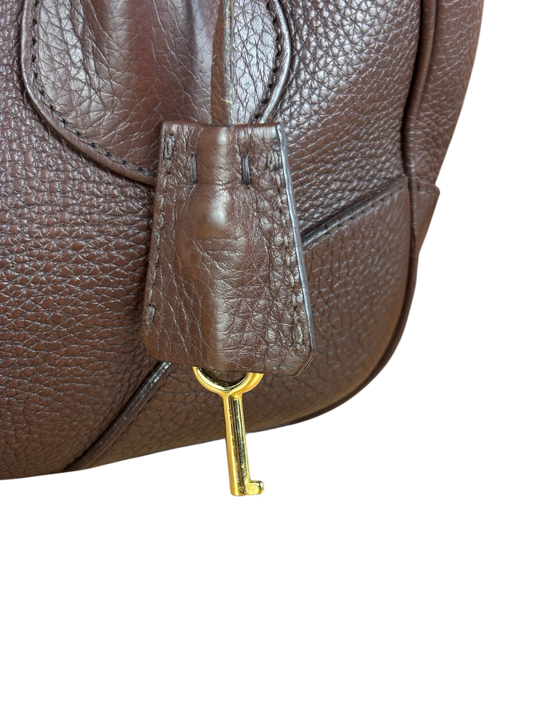 Prada Rich Brown Vitello Daino Sound Lock Satchel Shoulder Bag