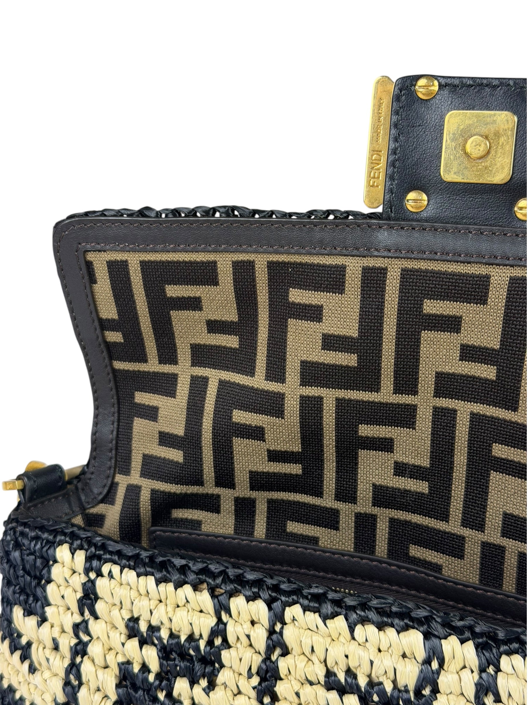 Fendi Black Raffia Zucca Shoulder Baguette