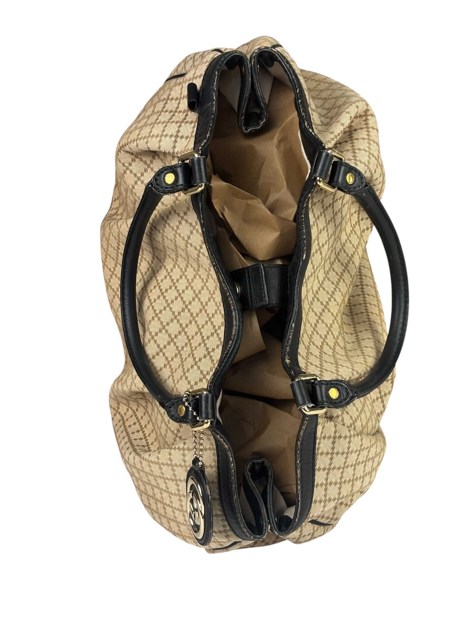 Gucci Beige Leather Trim Diamante Canvas Sukey Tote