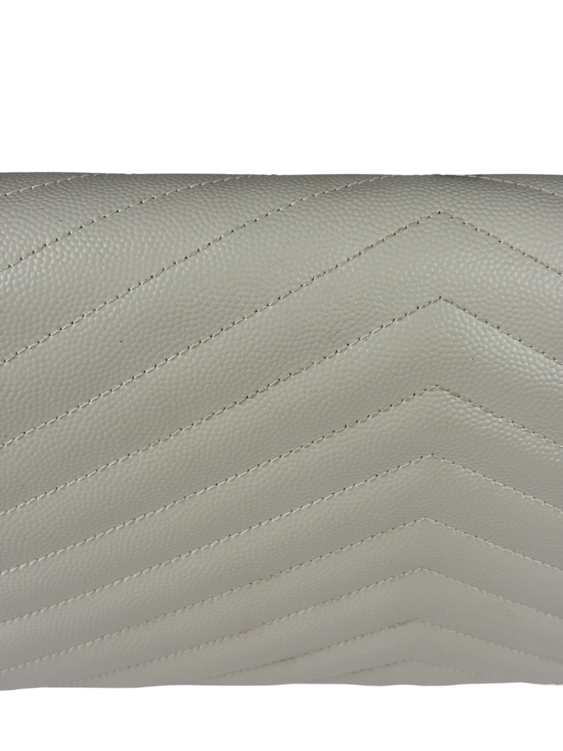 YSL Cream Pebbled Leather Cassandre Envelope Small Wallet On Chain